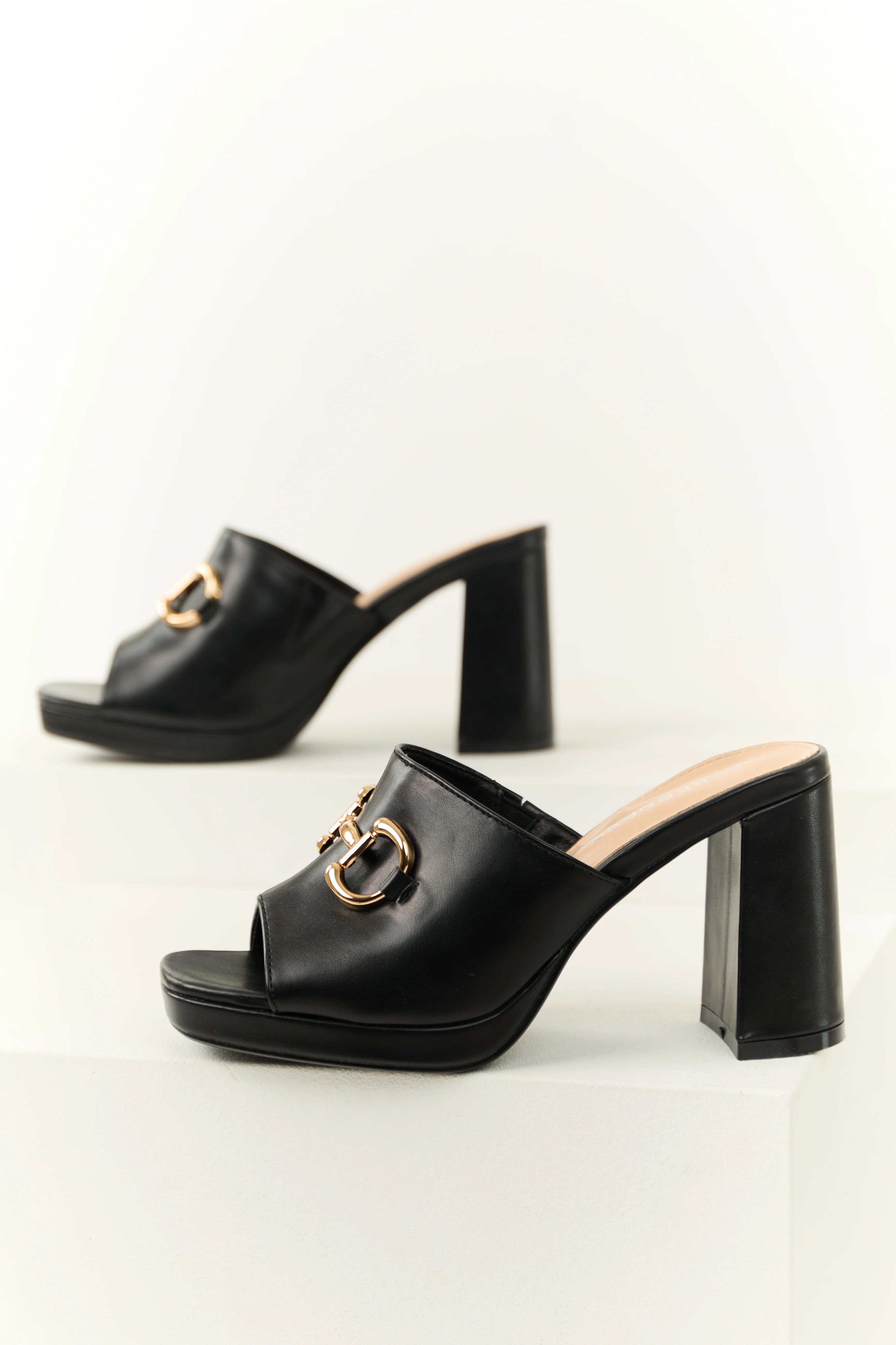 Black Slip On Gold Buckle Strap Block Heels - Image 2