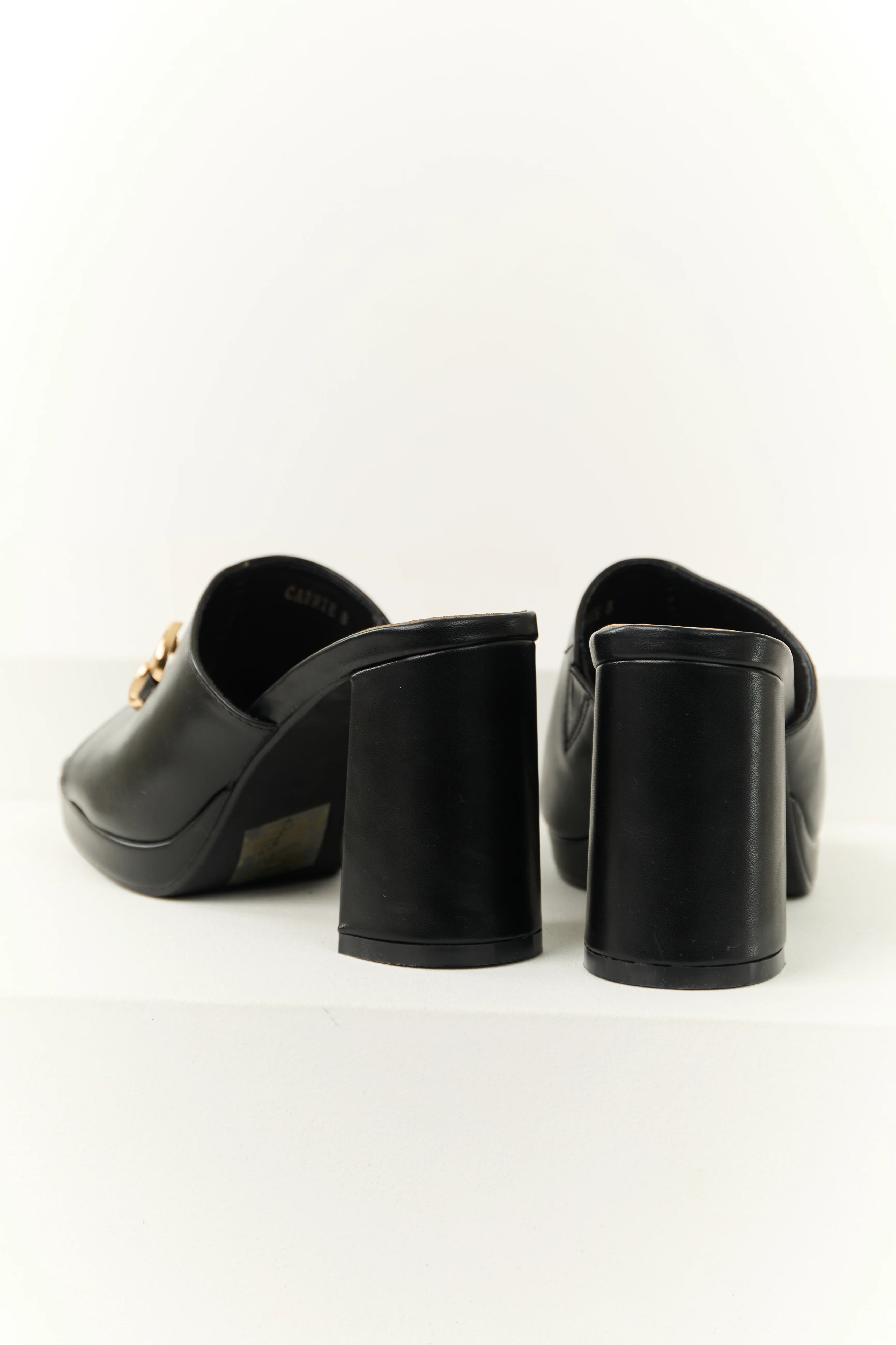 Black Slip On Gold Buckle Strap Block Heels - Image 3