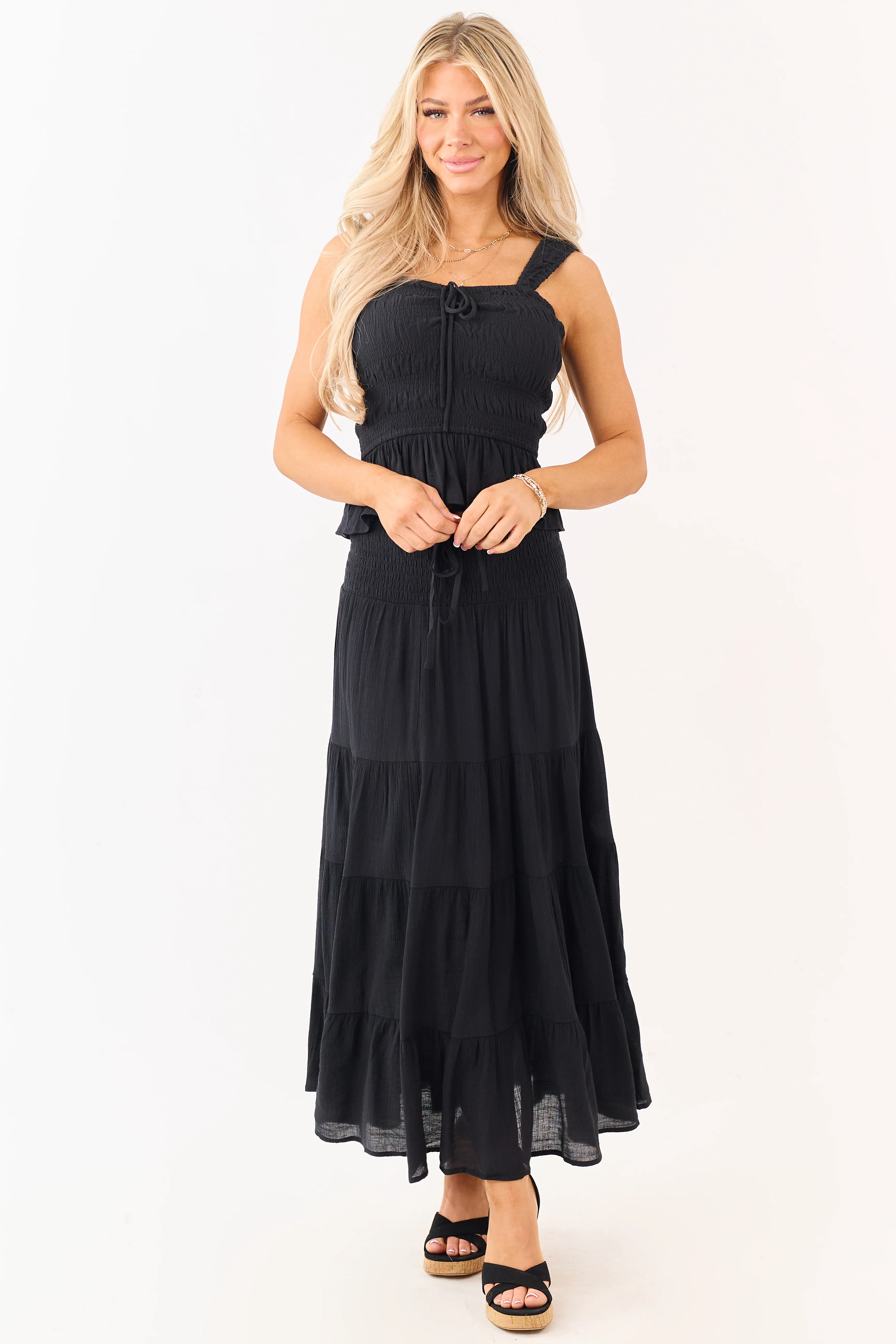 Black Smocked Bodice Ruffle Peplum Hem Tank Top - Image 3