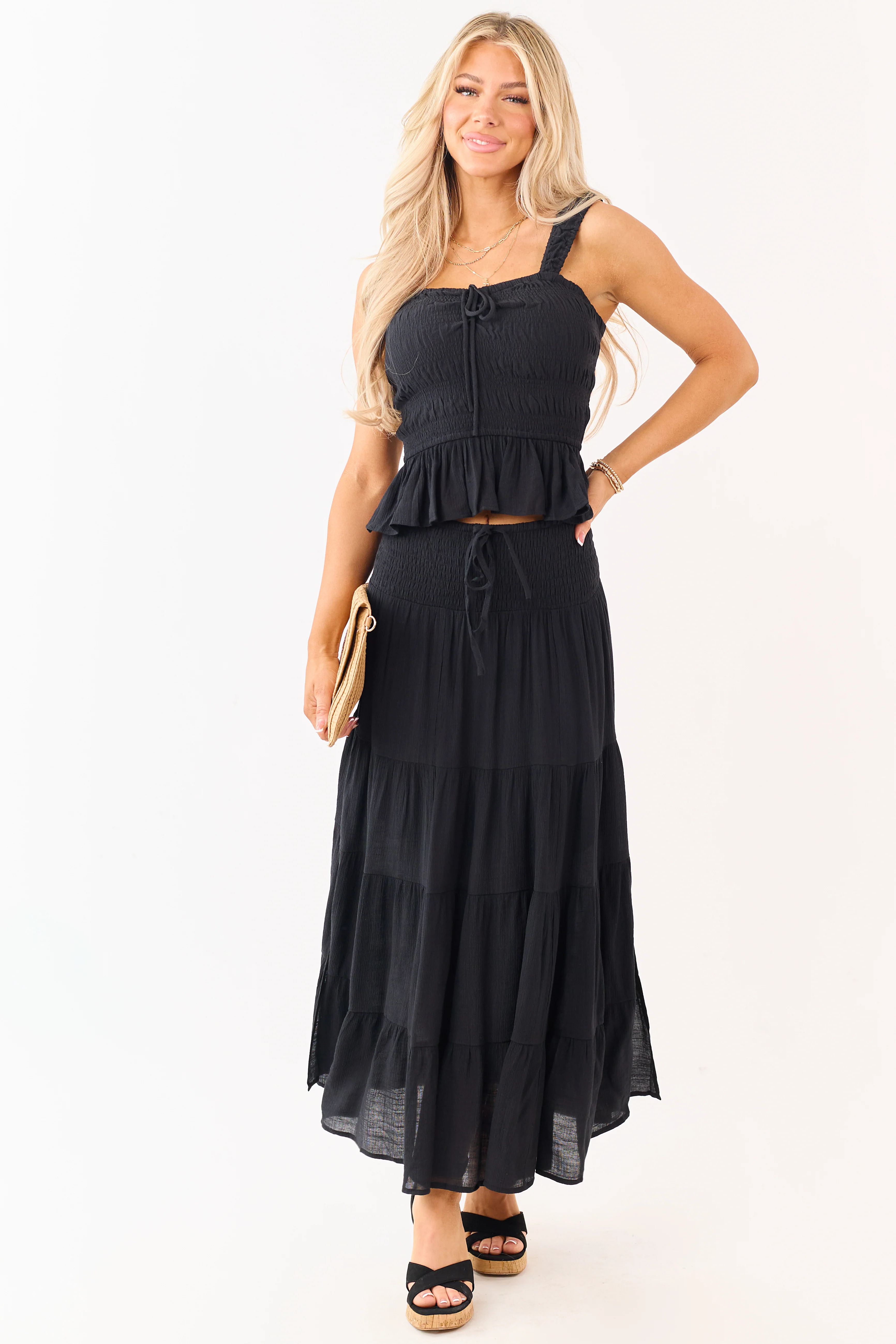 Black Smocked Bodice Ruffle Peplum Hem Tank Top - Image 4