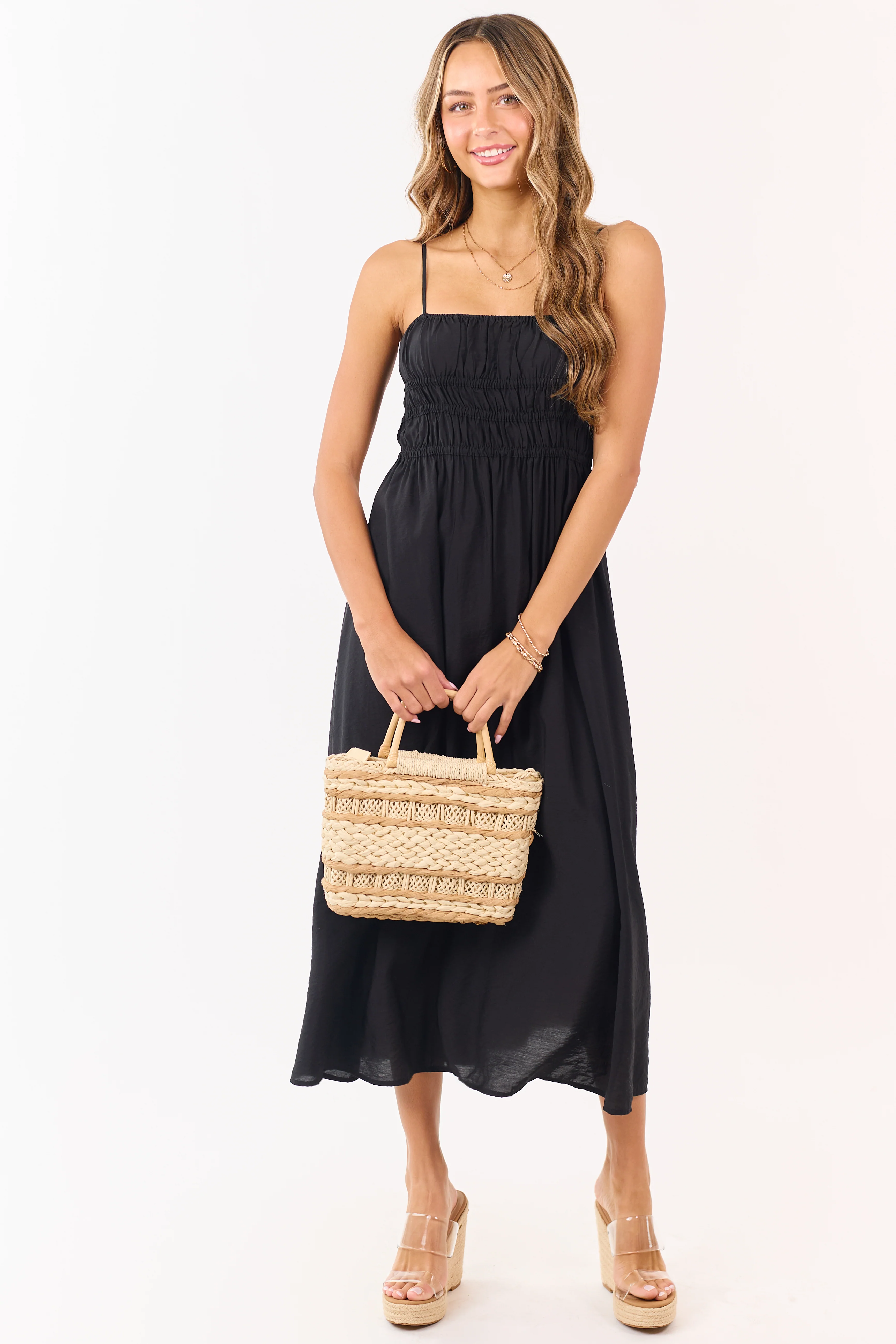 Black Smocked Bodice Sleeveless Maxi Dress - Image 2
