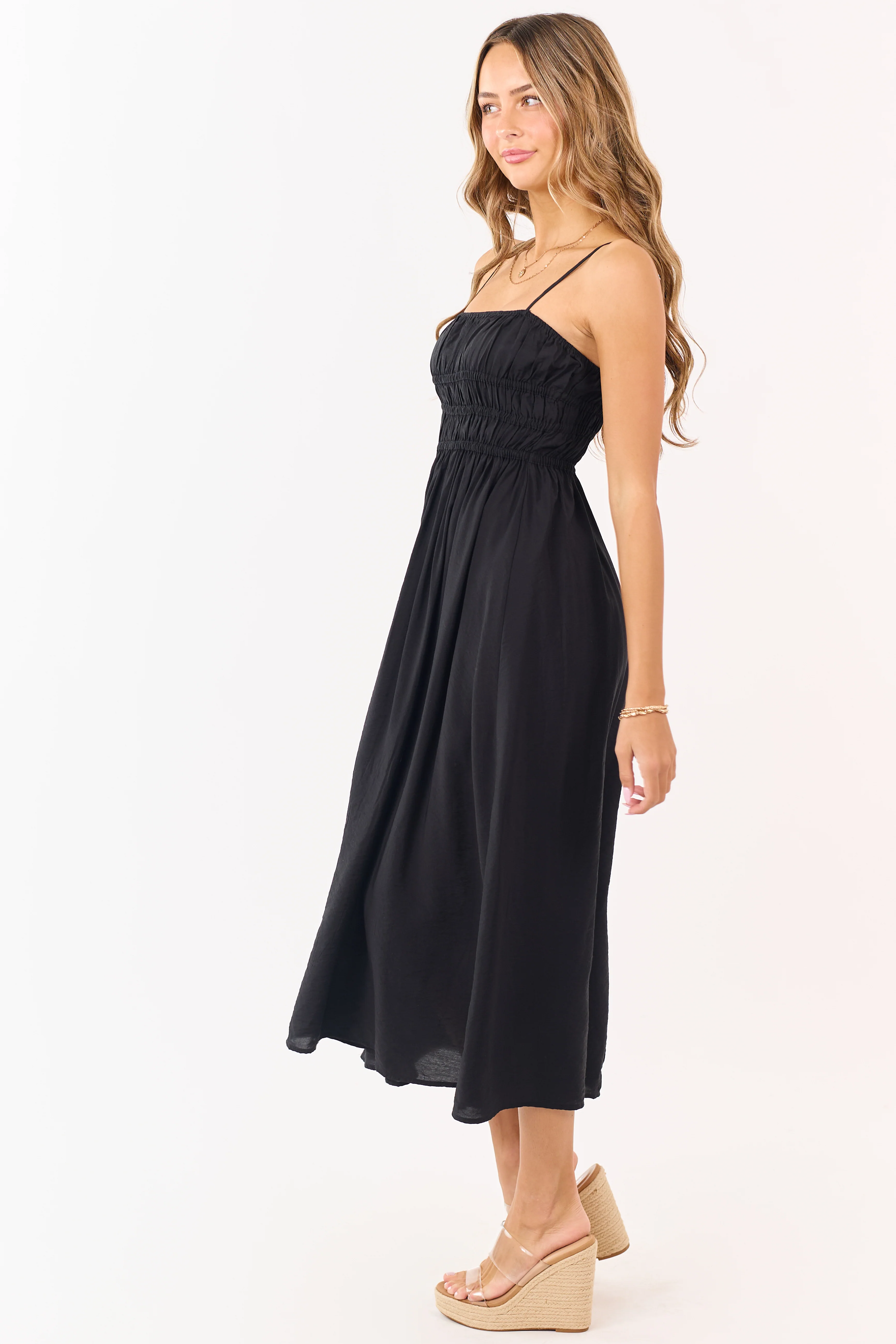 Black Smocked Bodice Sleeveless Maxi Dress - Image 3