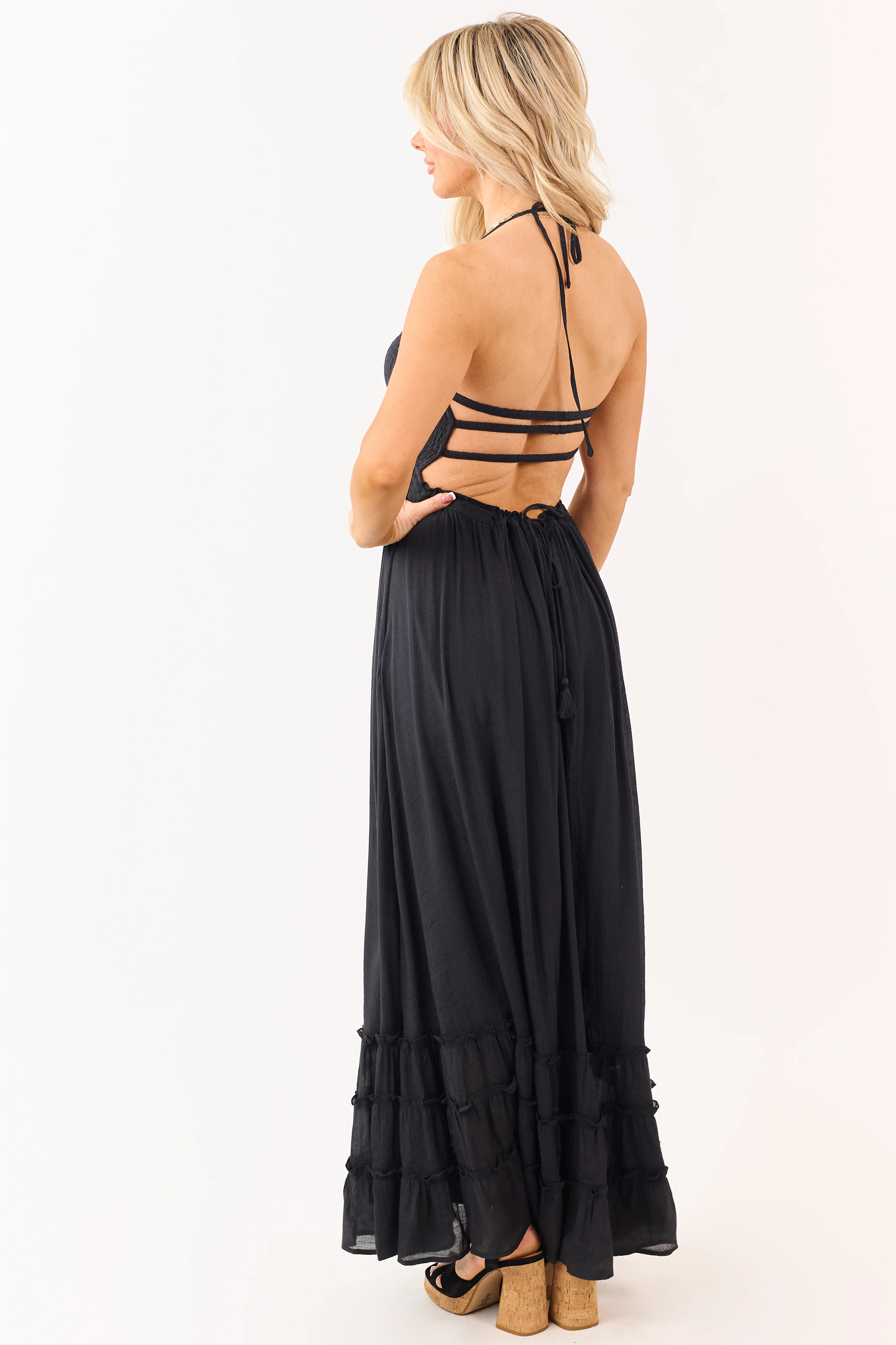 Black Smocked Open Back Halter Maxi Dress - Image 2