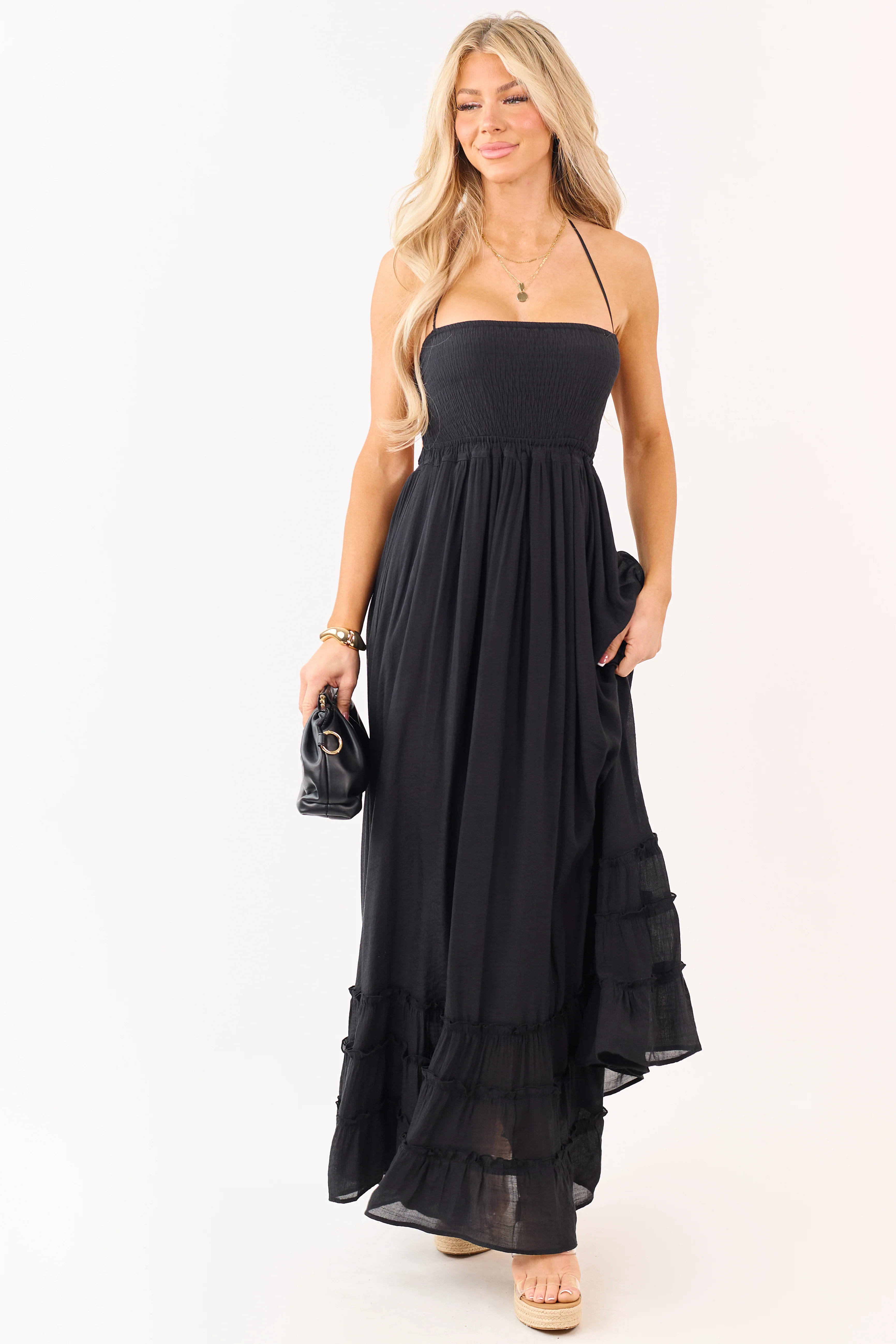 Black Smocked Open Back Halter Maxi Dress - Image 3