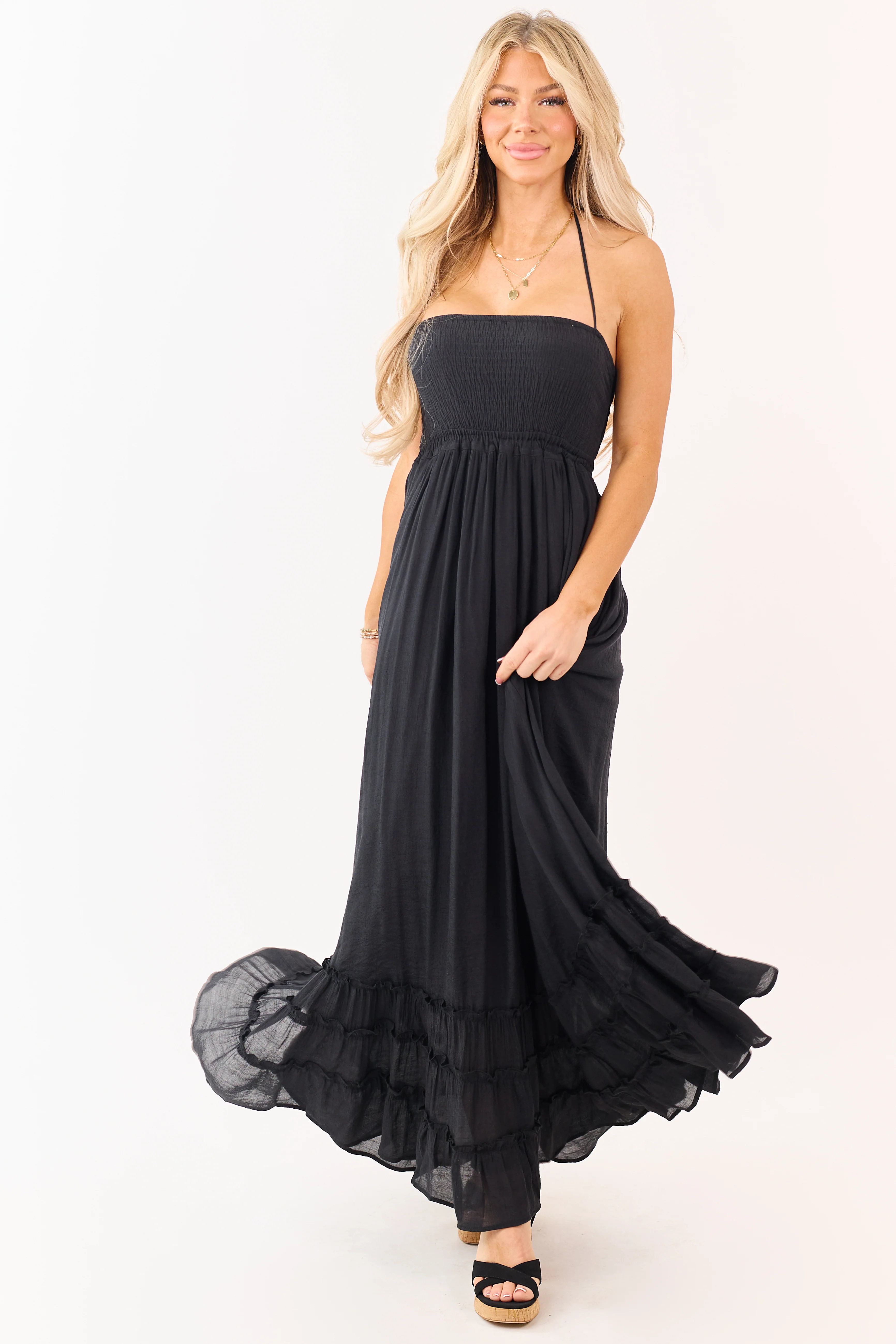 Black Smocked Open Back Halter Maxi Dress - Image 4