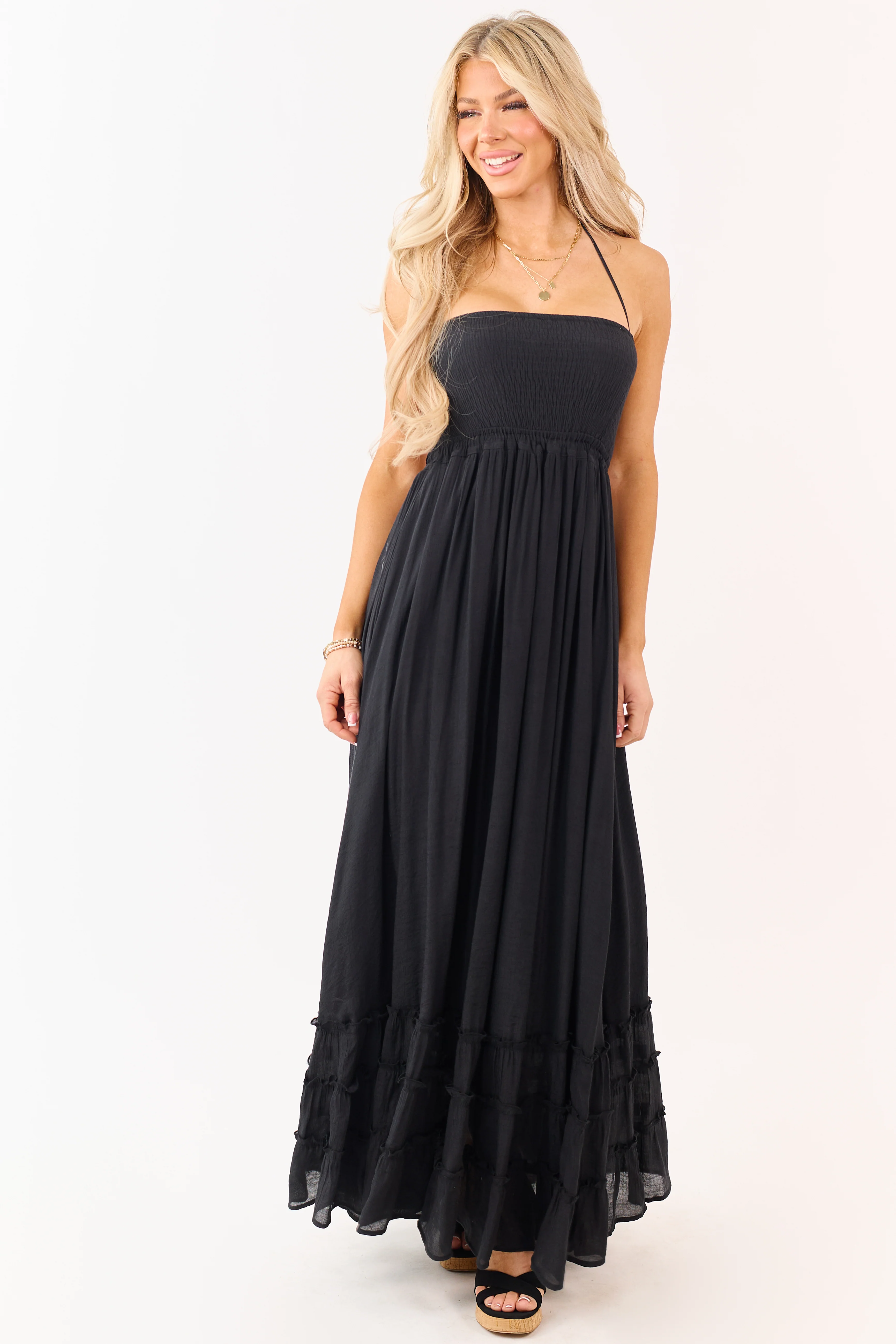 Black Smocked Open Back Halter Maxi Dress - Image 5