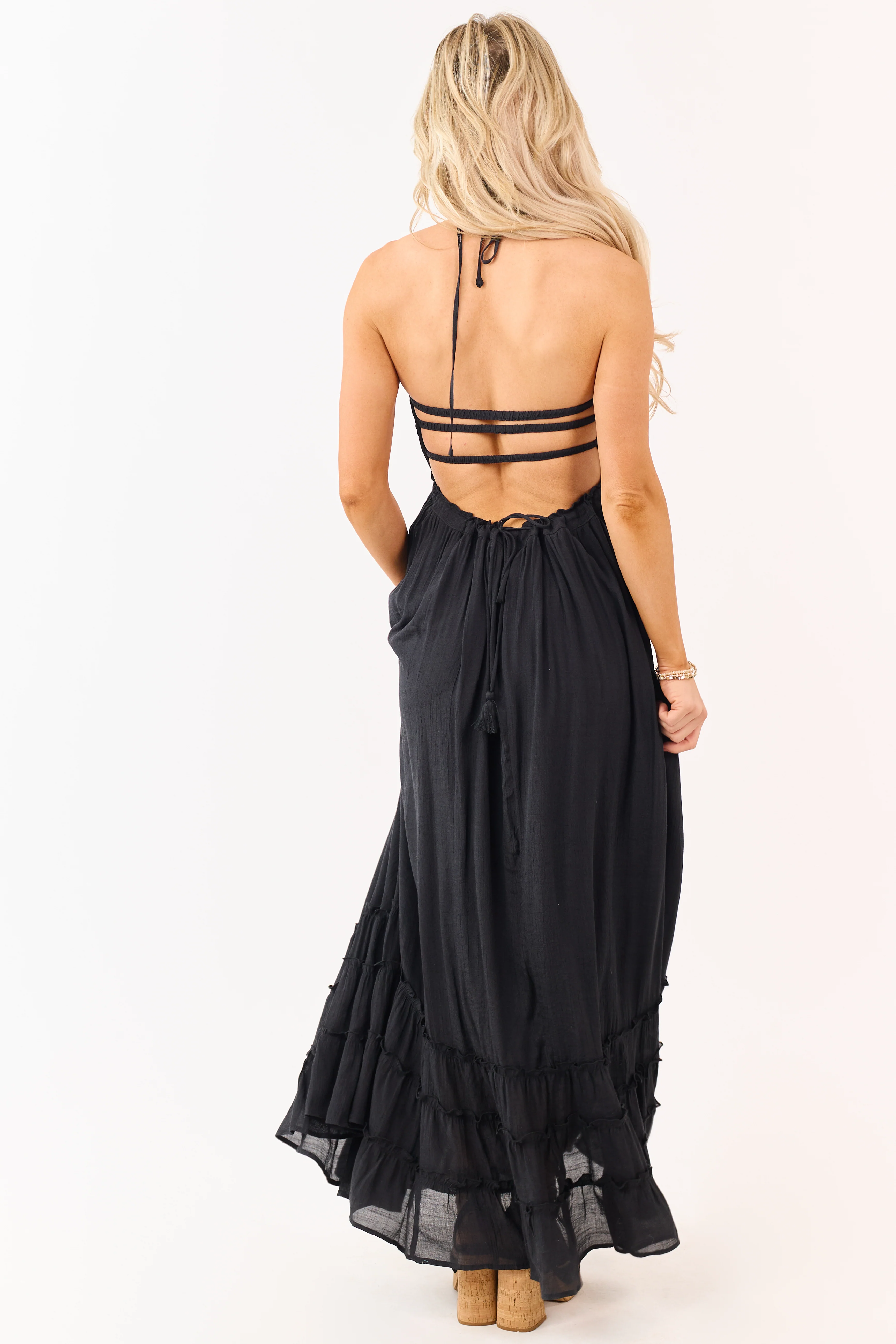 Black Smocked Open Back Halter Maxi Dress - Image 7