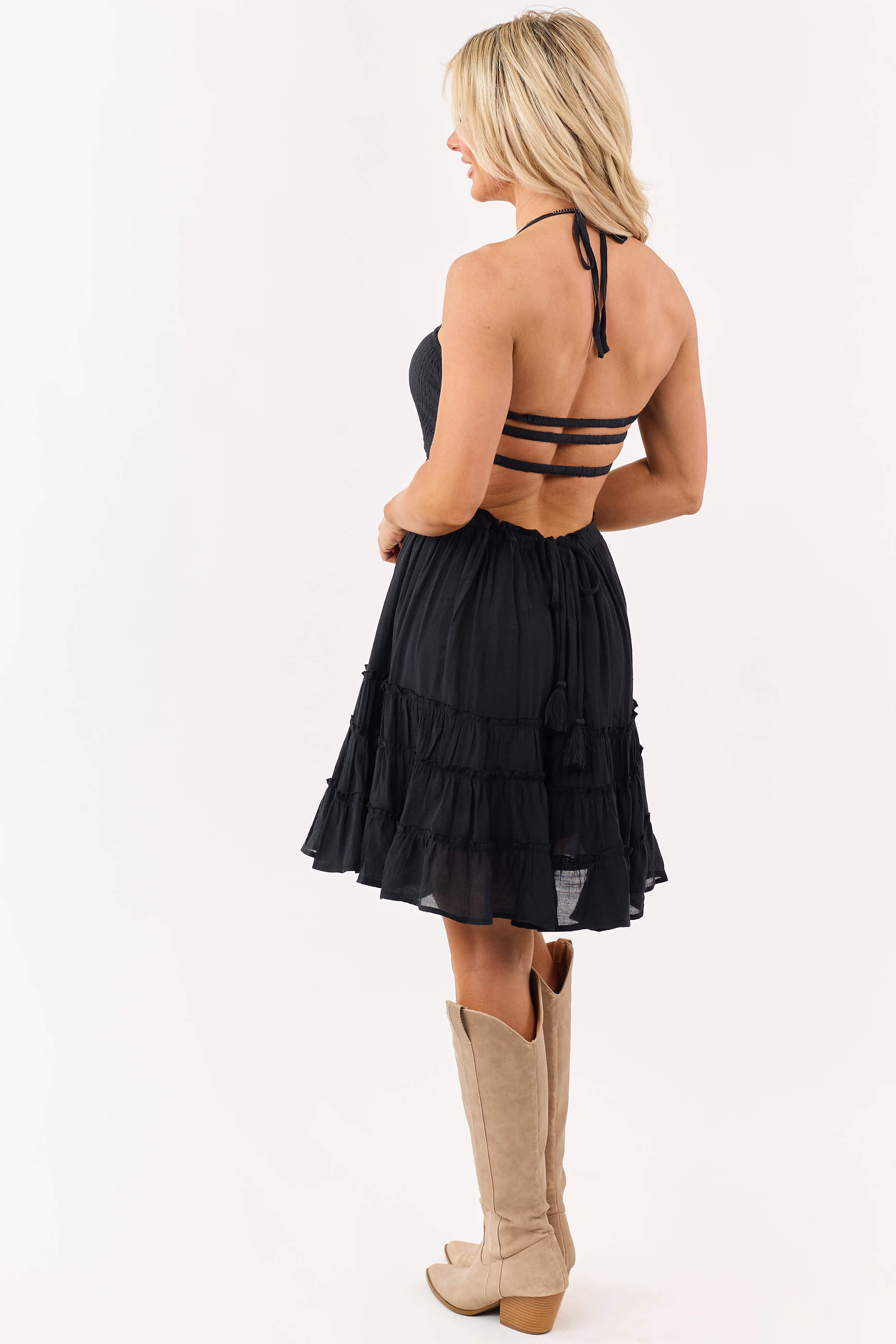 Black Smocked Open Back Tiered Mini Dress - Image 5