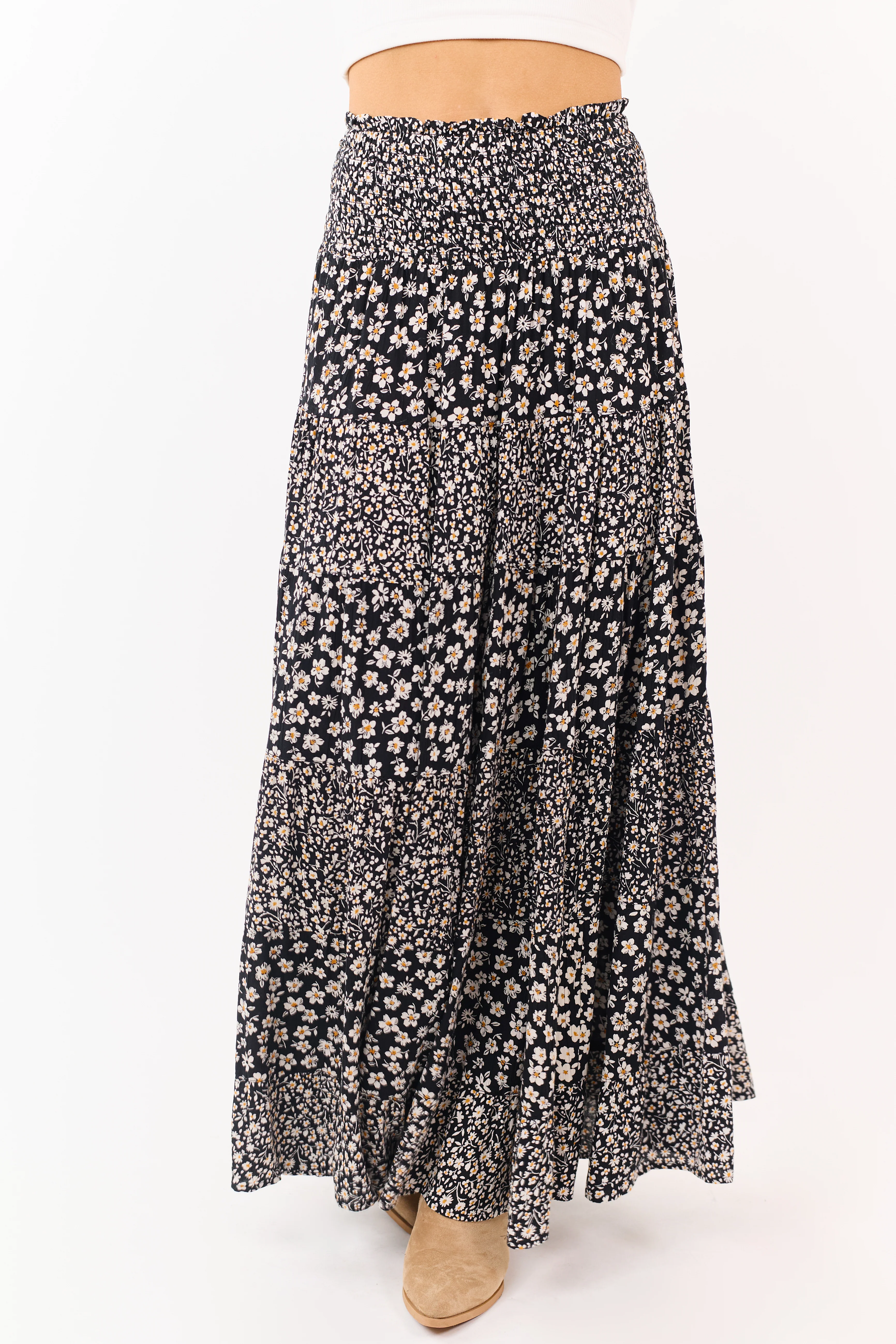 Black Smocked Waist Daisy Print Tiered Maxi Skirt - Image 2