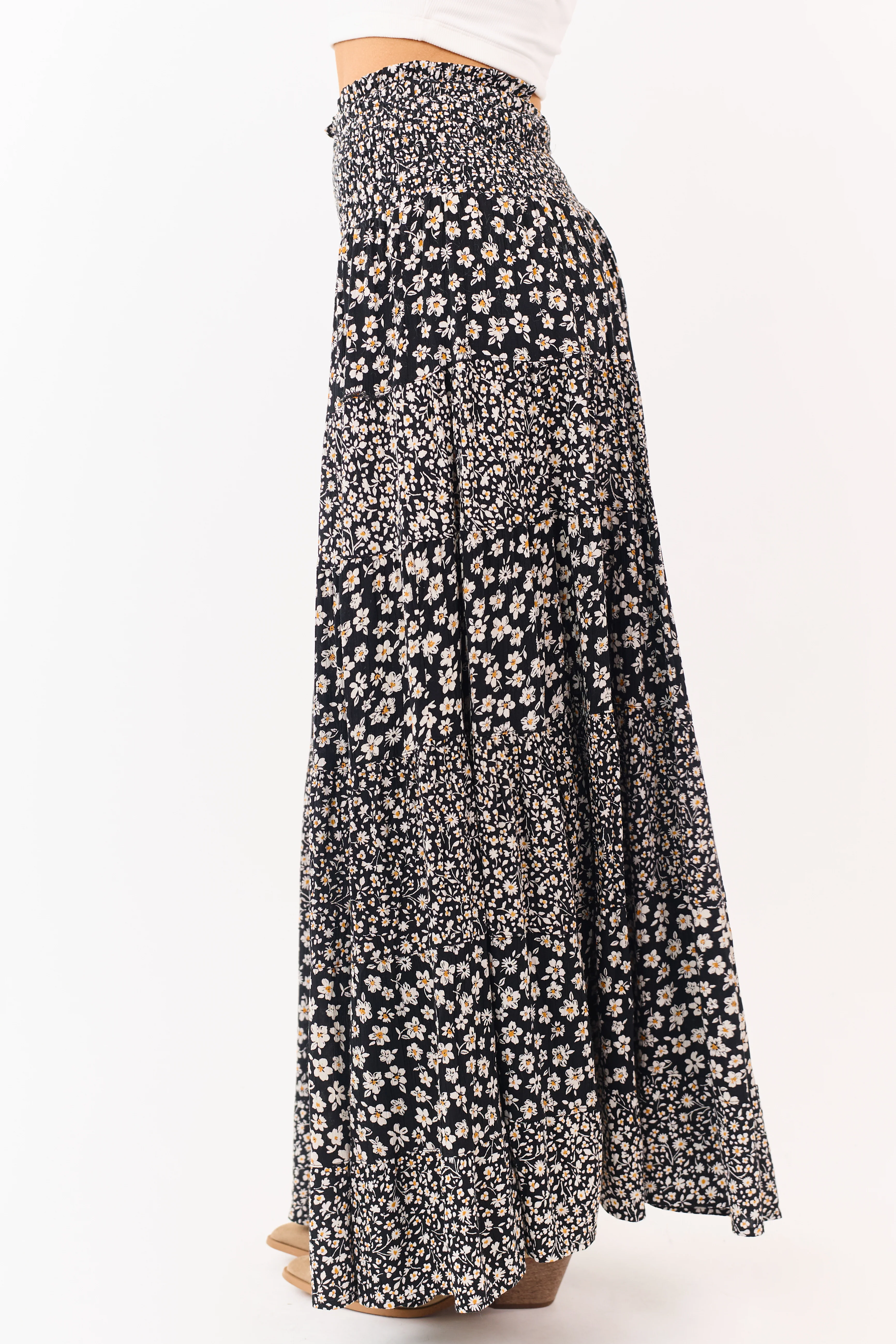 Black Smocked Waist Daisy Print Tiered Maxi Skirt - Image 3
