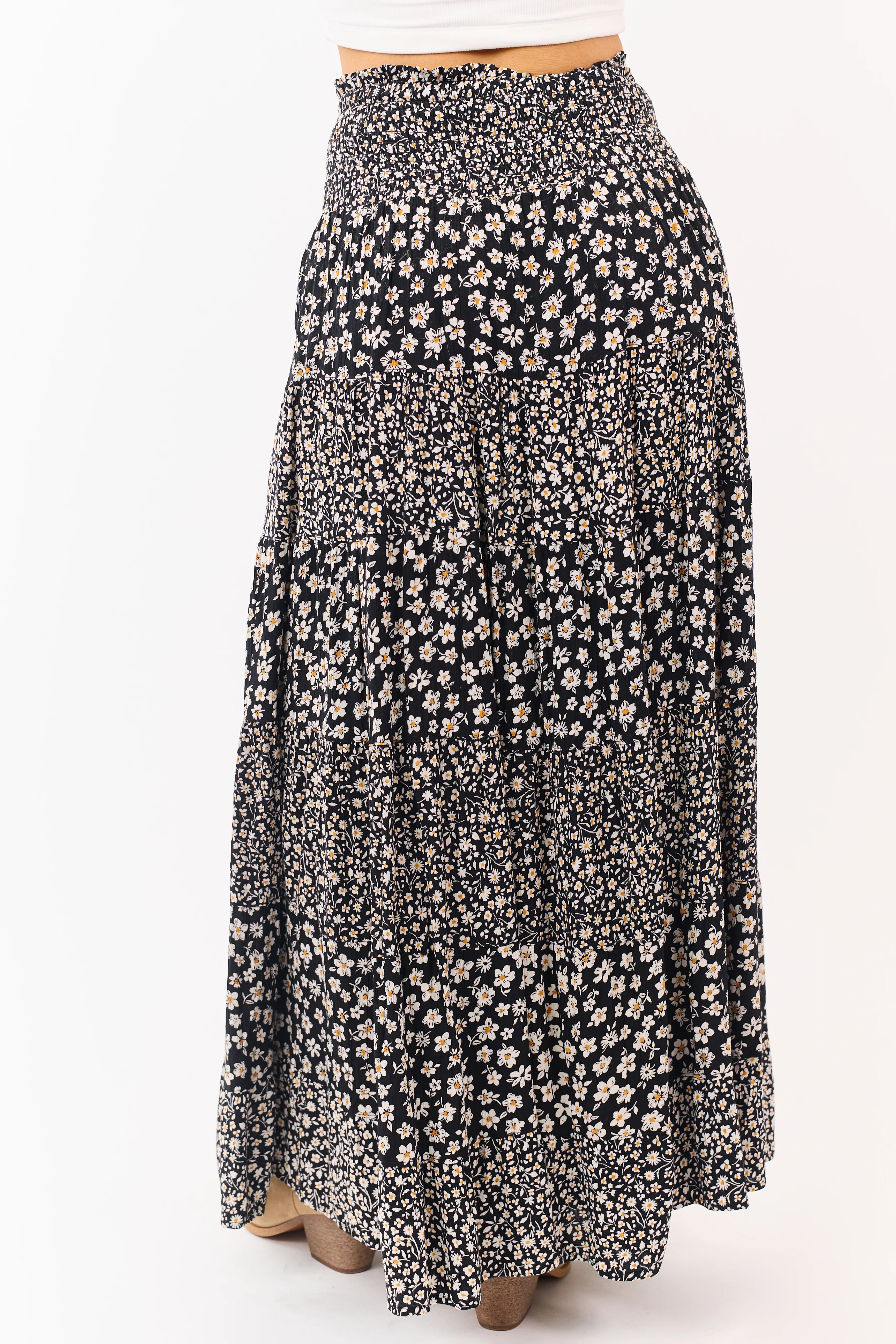 Black Smocked Waist Daisy Print Tiered Maxi Skirt - Image 4