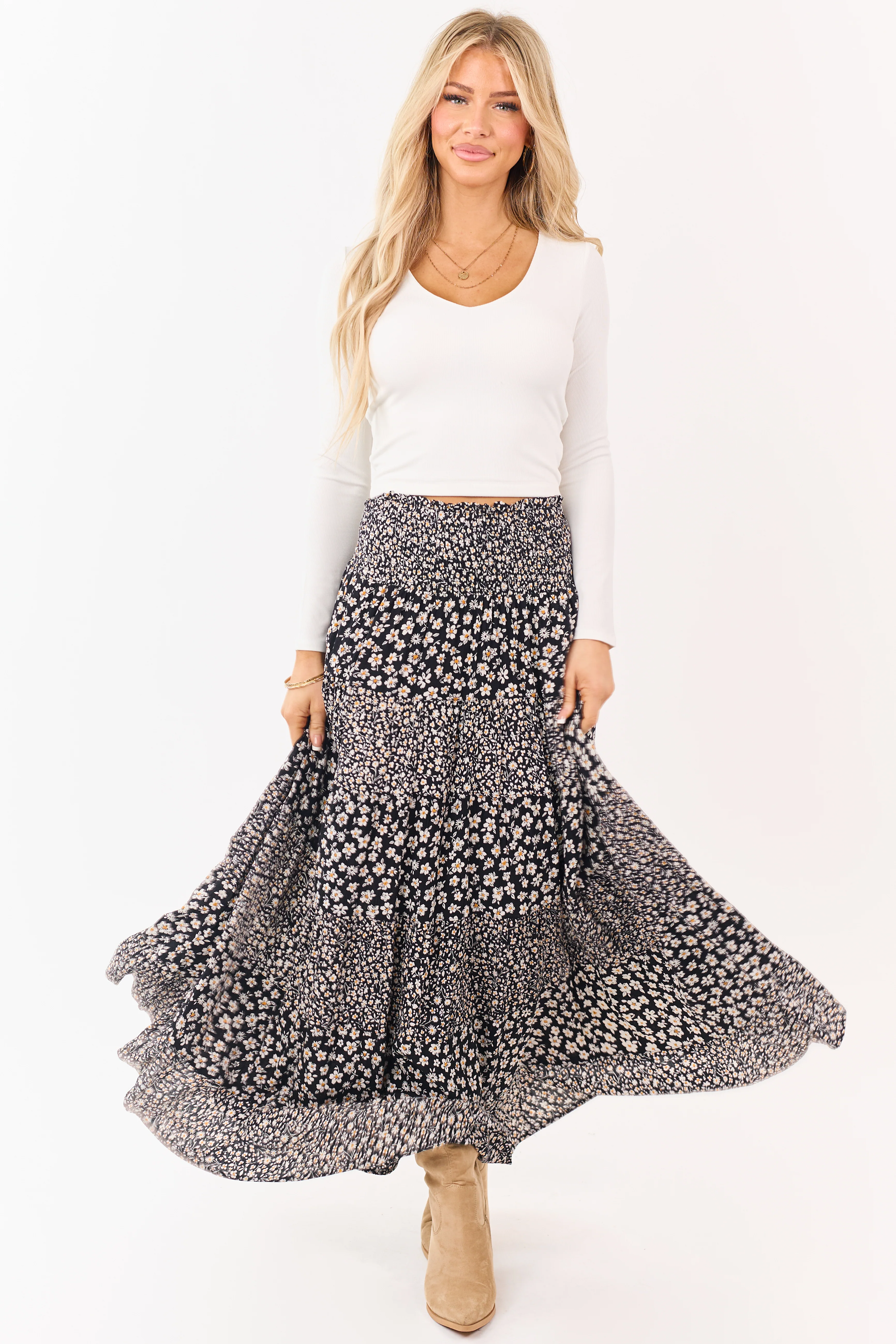 Black Smocked Waist Daisy Print Tiered Maxi Skirt - Image 5