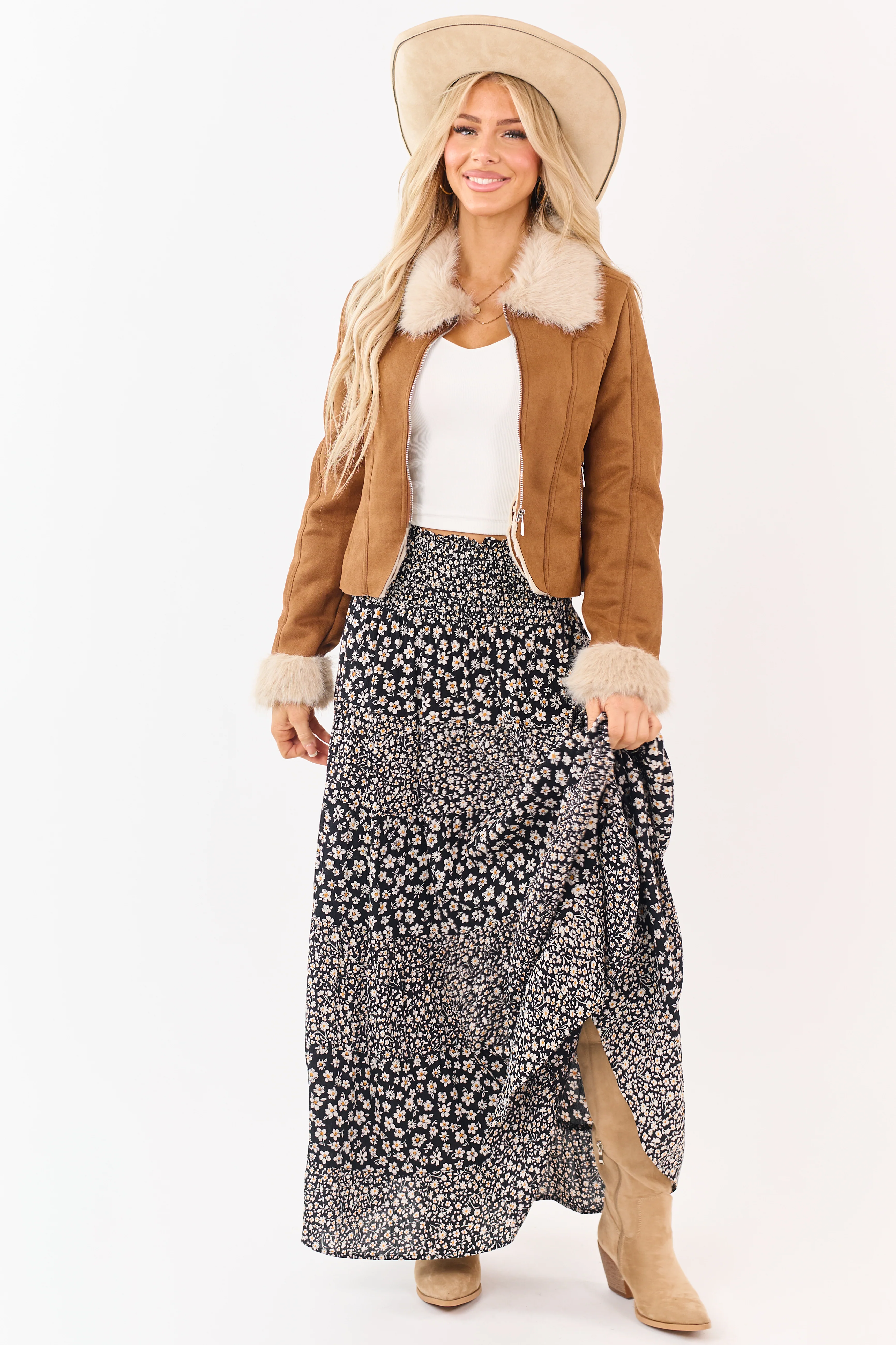Black Smocked Waist Daisy Print Tiered Maxi Skirt - Image 7