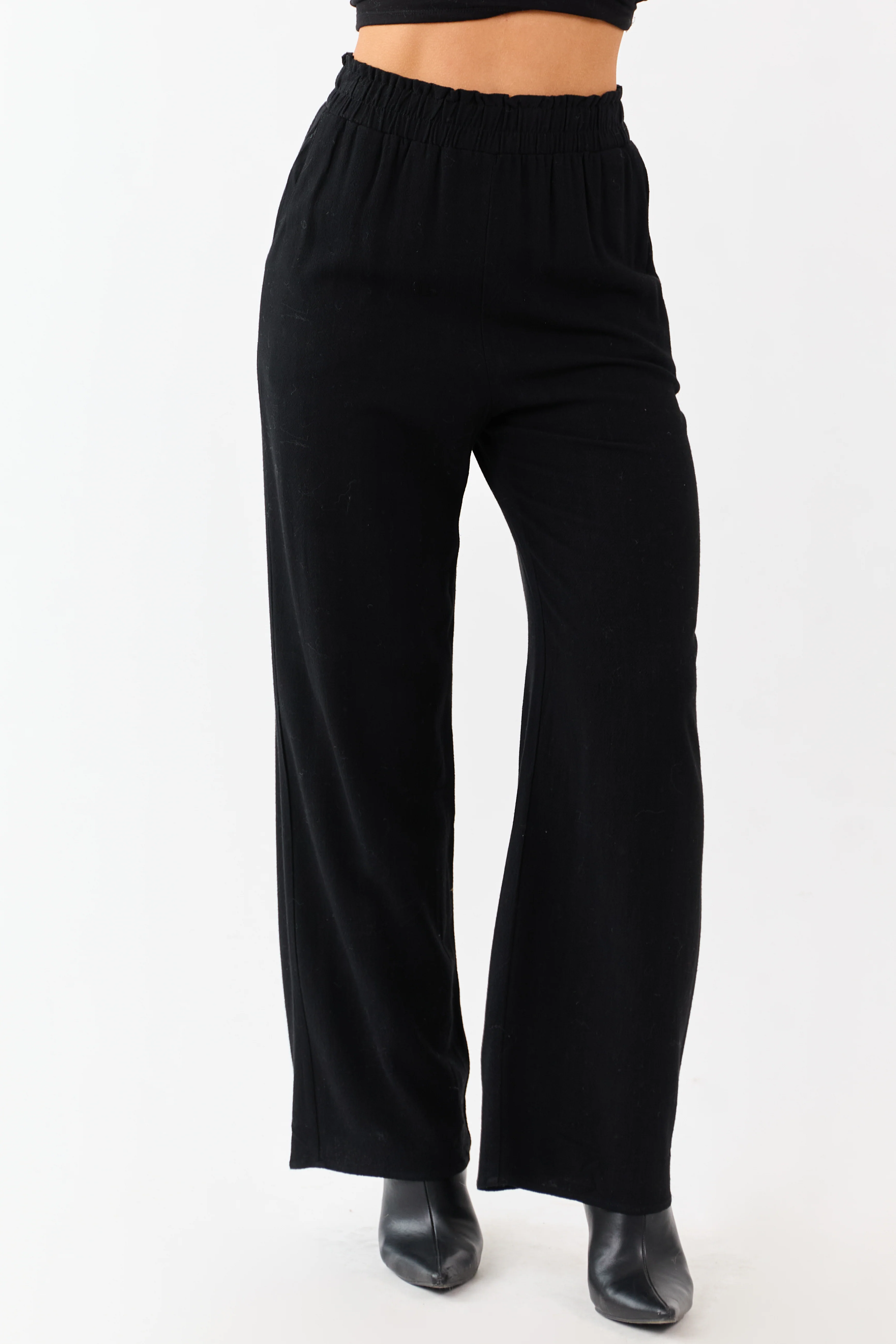 Black Smocked Waistband Wide Leg Linen Blend Pants - Image 2