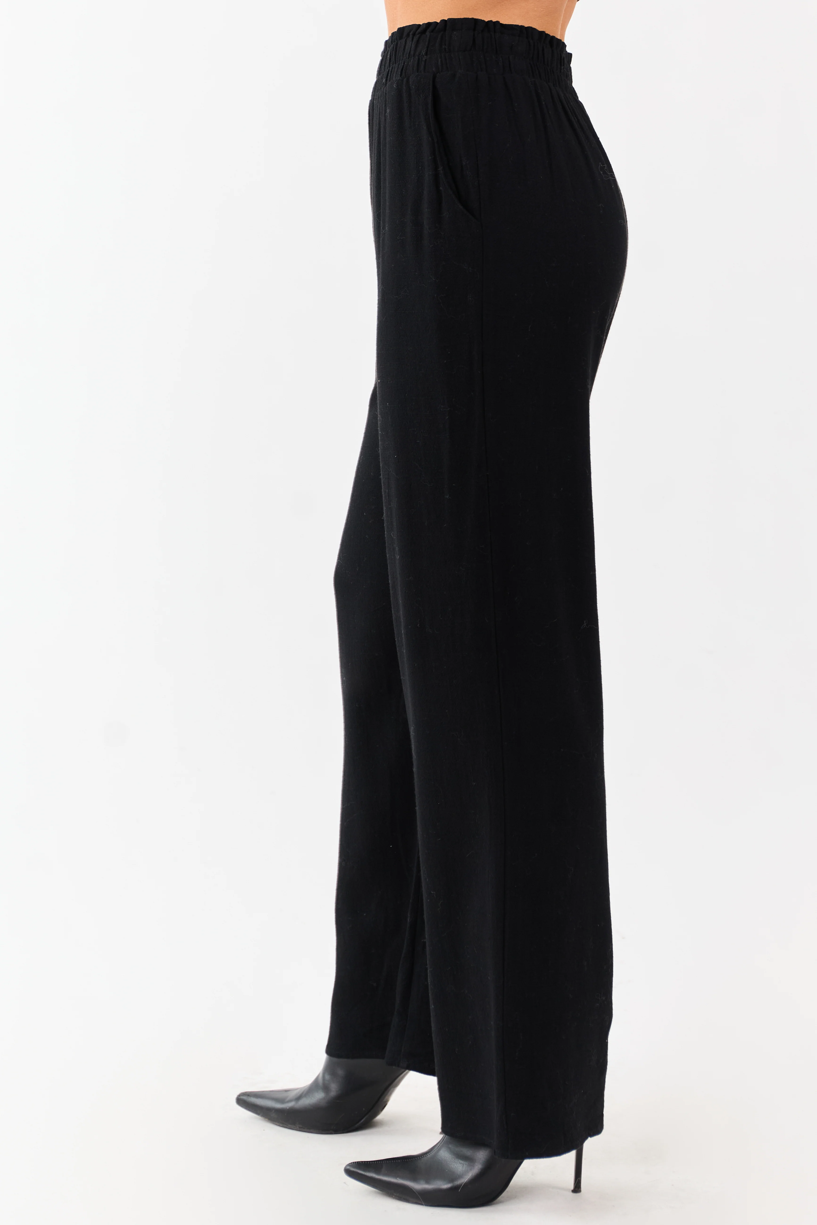 Black Smocked Waistband Wide Leg Linen Blend Pants - Image 3