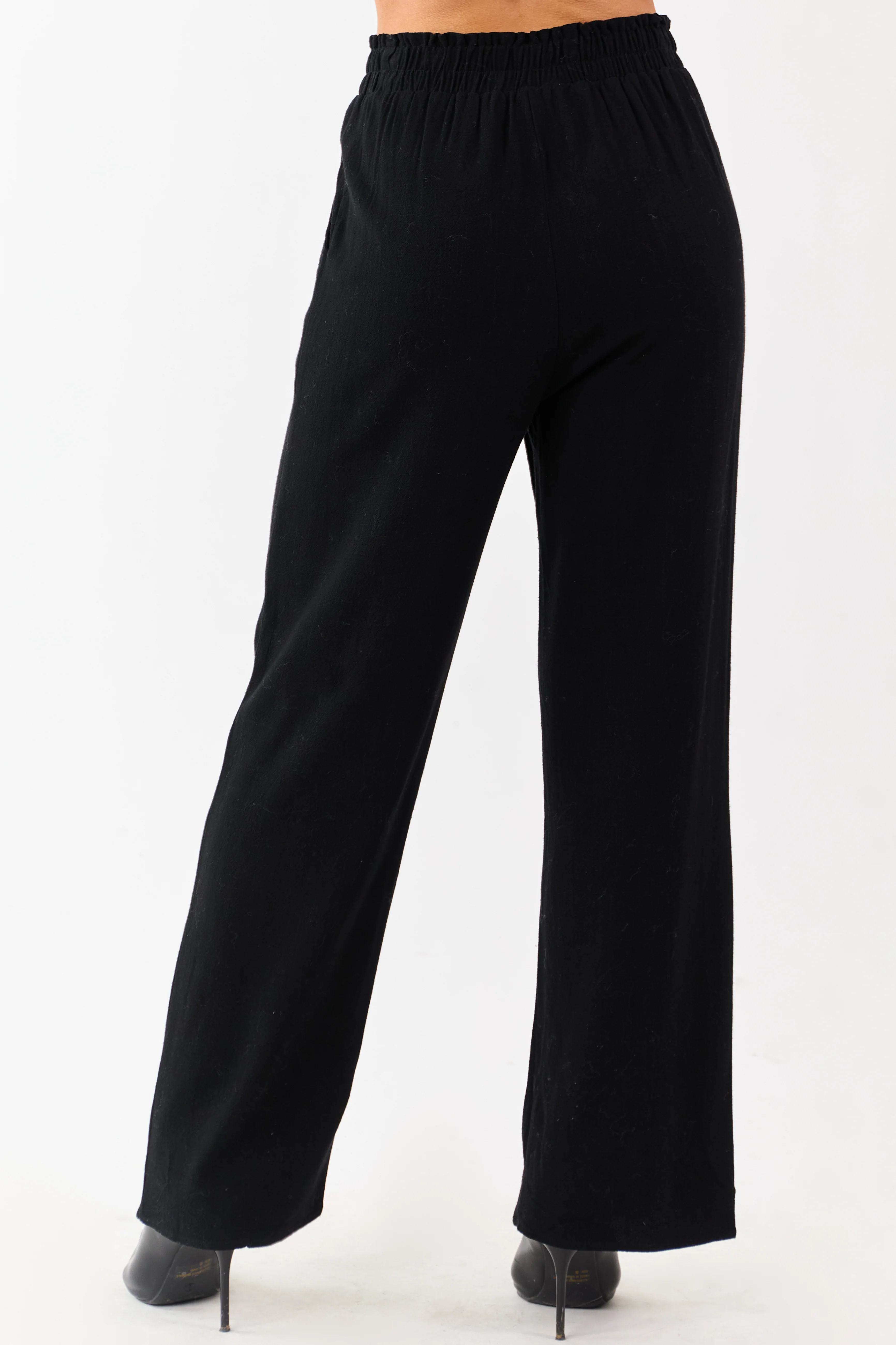 Black Smocked Waistband Wide Leg Linen Blend Pants - Image 4