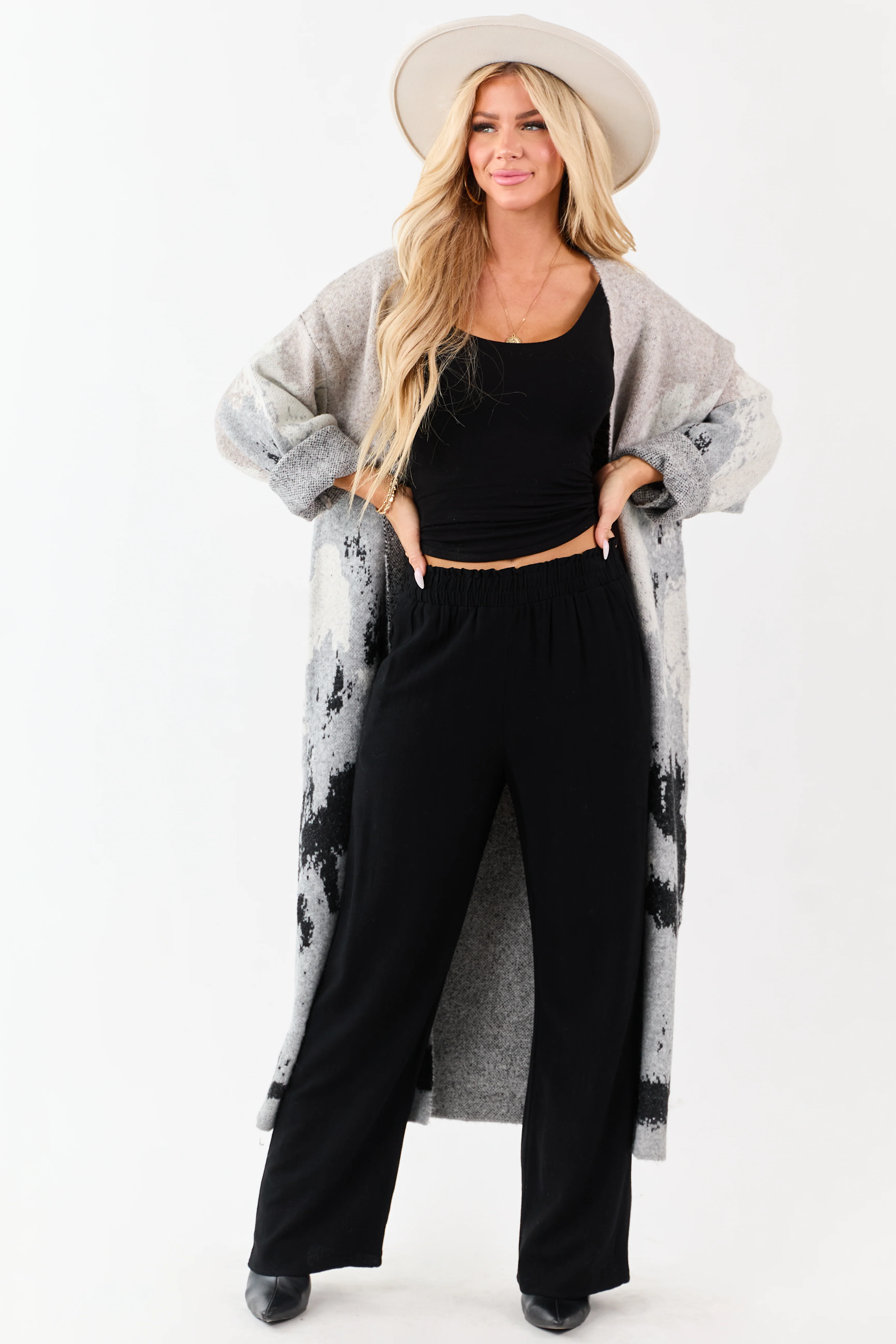 Black Smocked Waistband Wide Leg Linen Blend Pants - Image 6