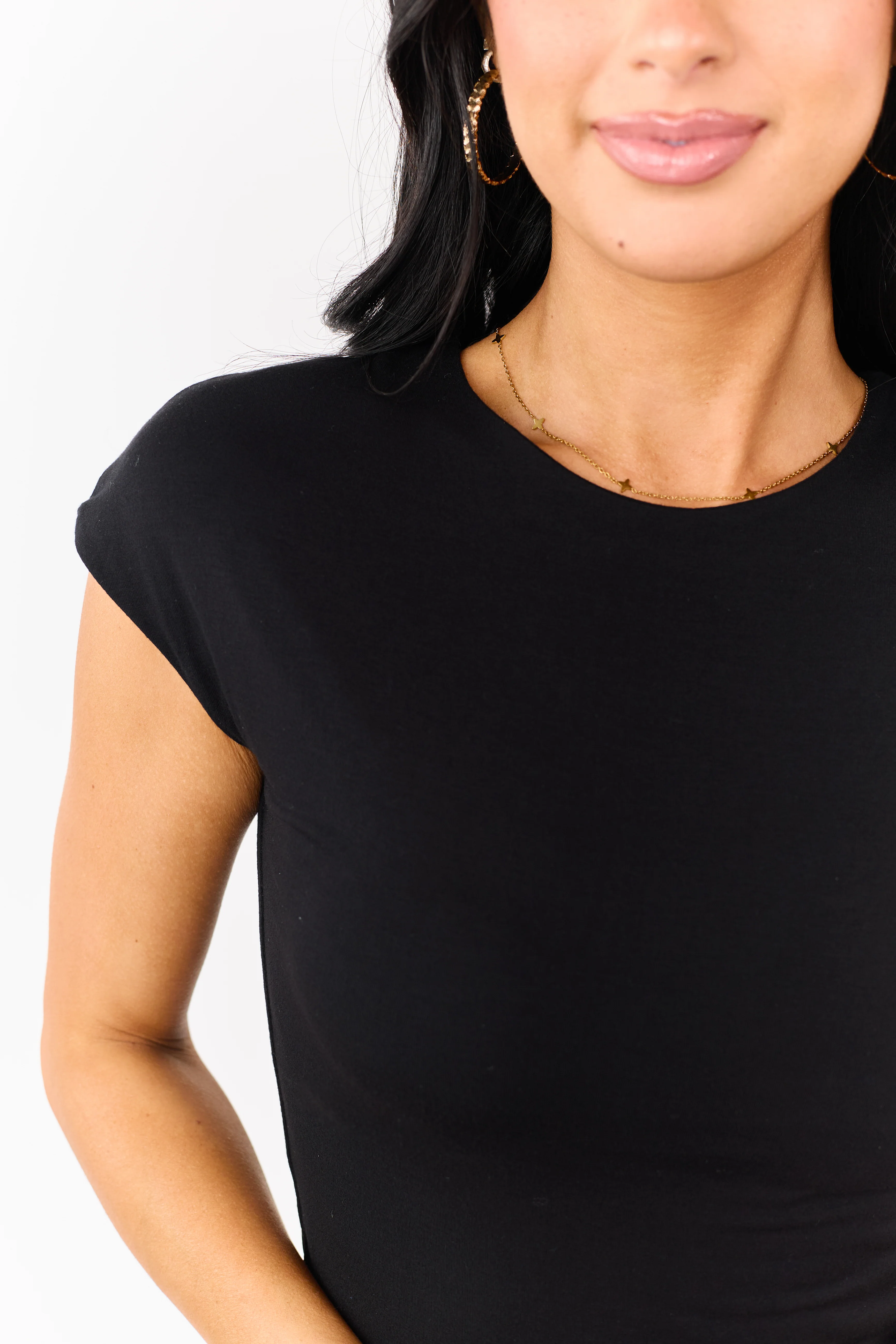 Black Soft Knit Round Neck Cap Sleeve Top - Image 6