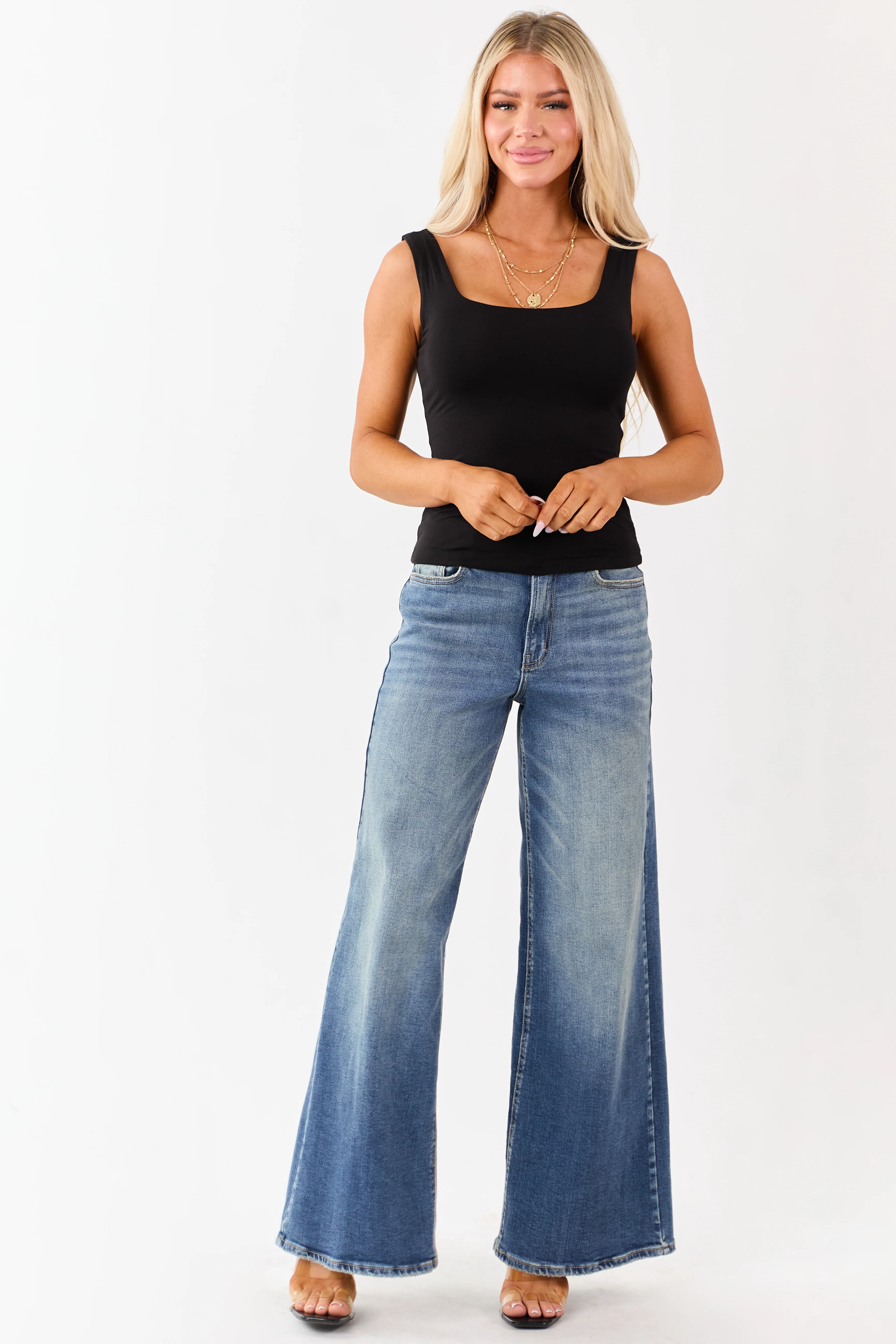 Black Square Neck Double Layer Knit Tank Top - Image 3