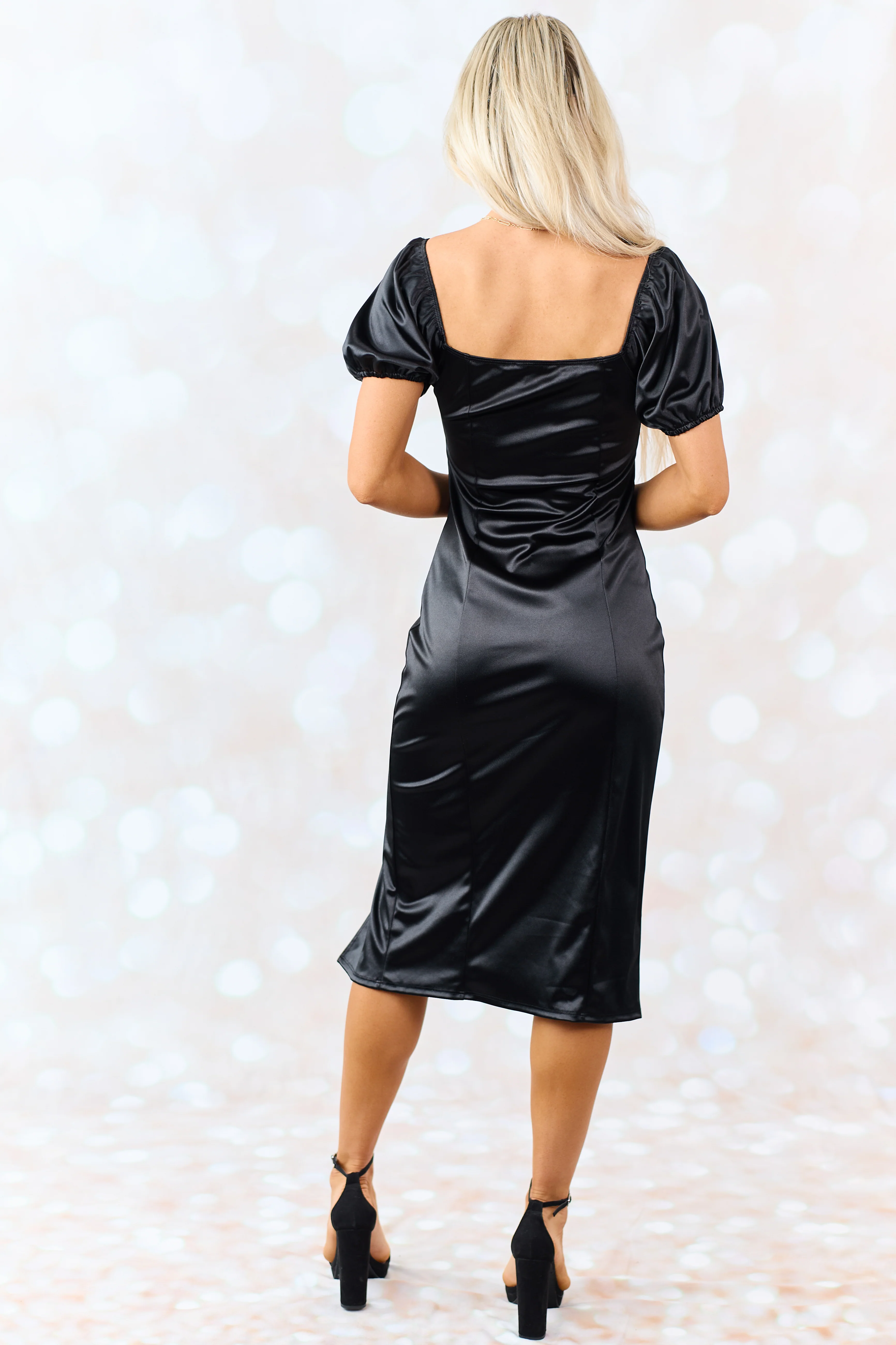 Black Square Neck Puff Sleeve Satin Midi Dress - Image 5