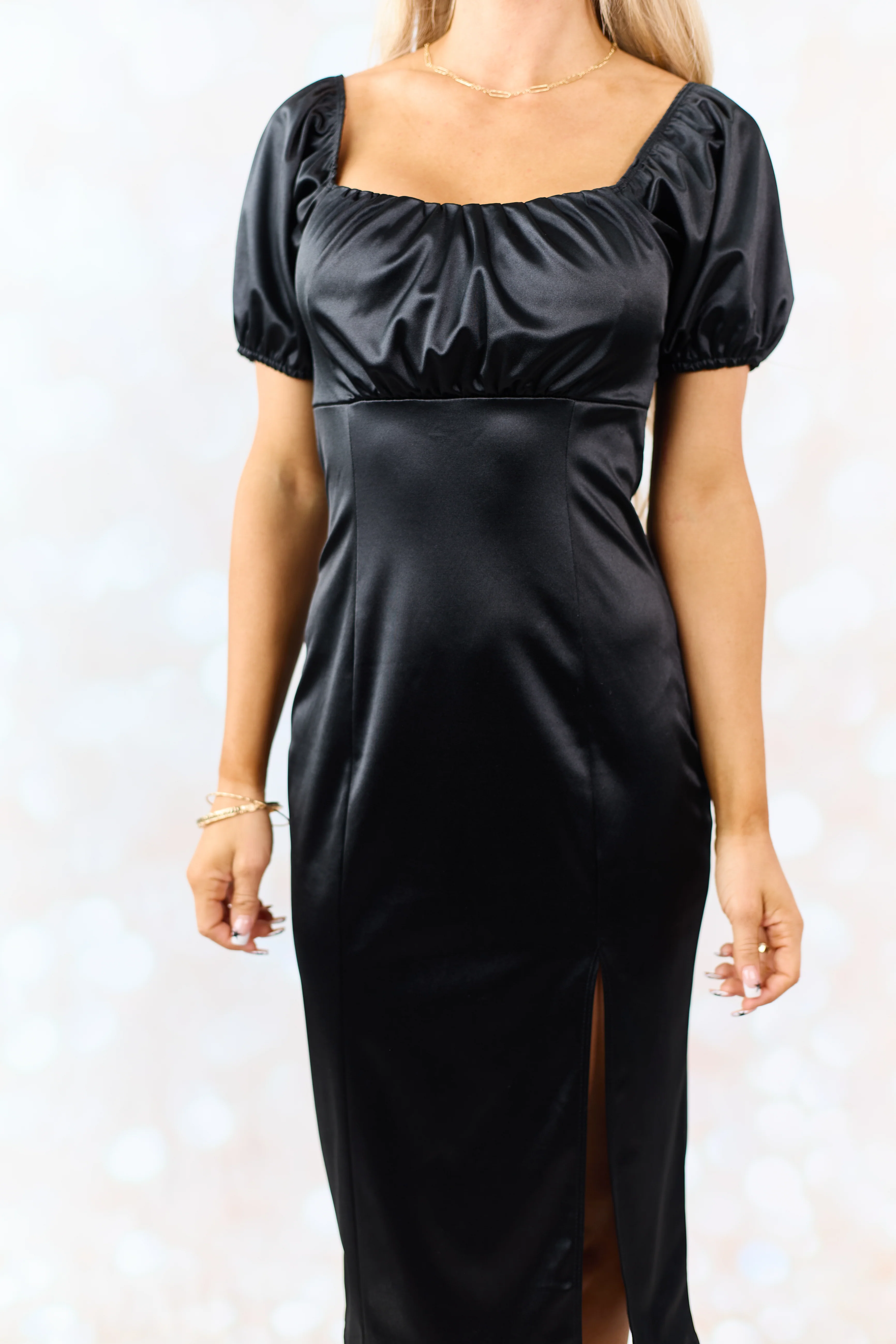 Black Square Neck Puff Sleeve Satin Midi Dress - Image 6