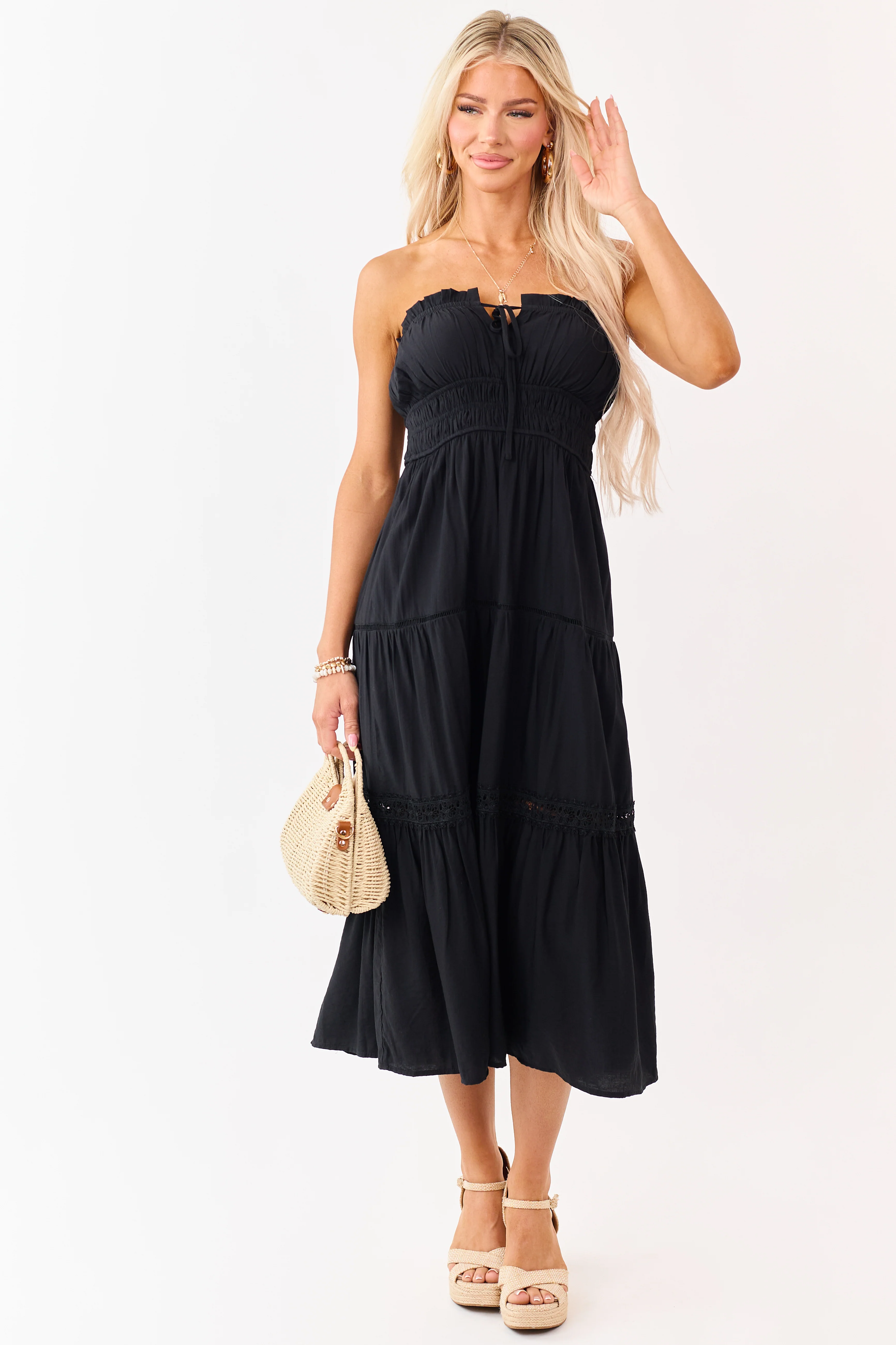 Black Strapless Tiered Lace Shirred Waist Midi Dress - Image 2
