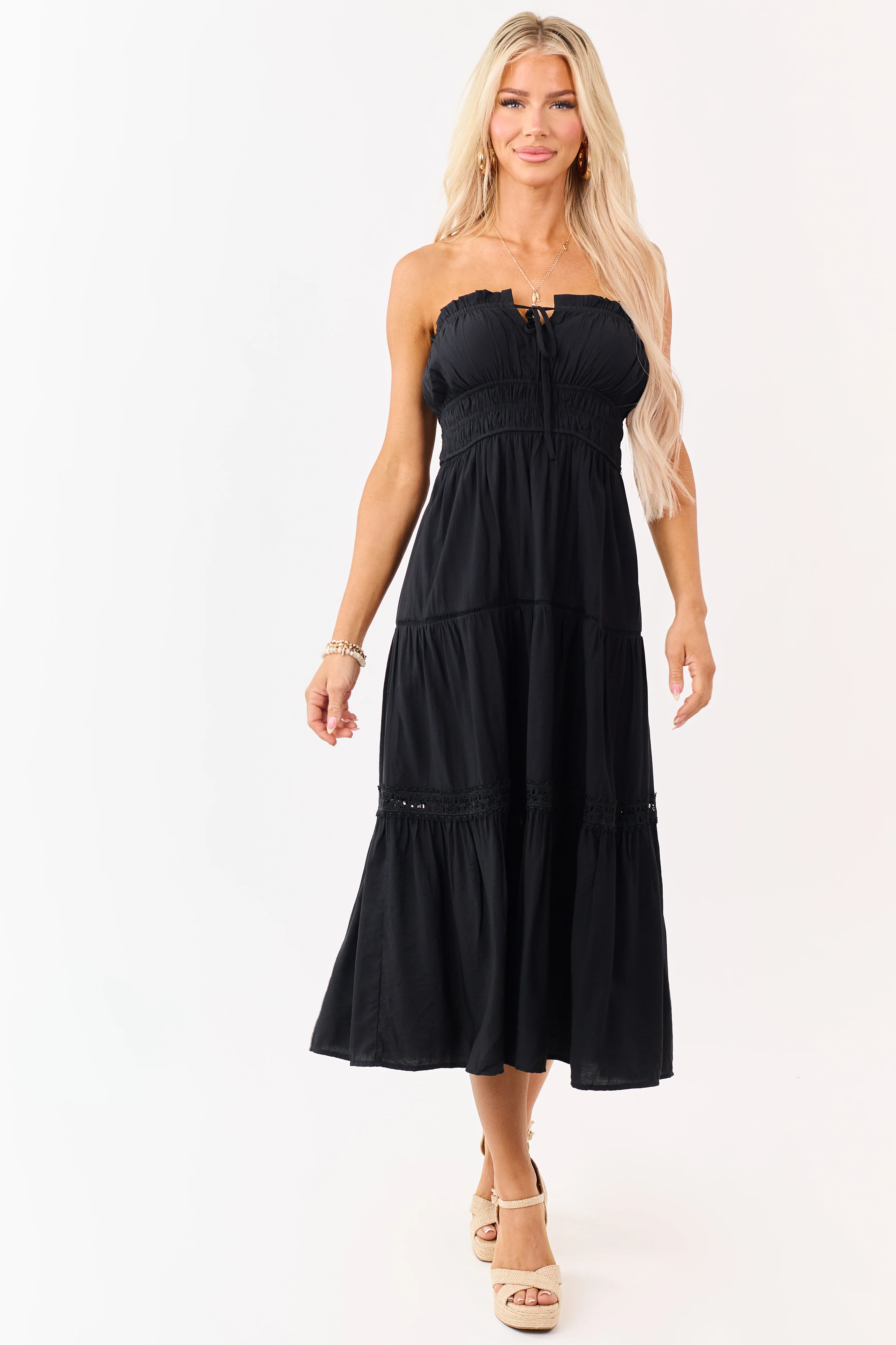 Black Strapless Tiered Lace Shirred Waist Midi Dress - Image 3