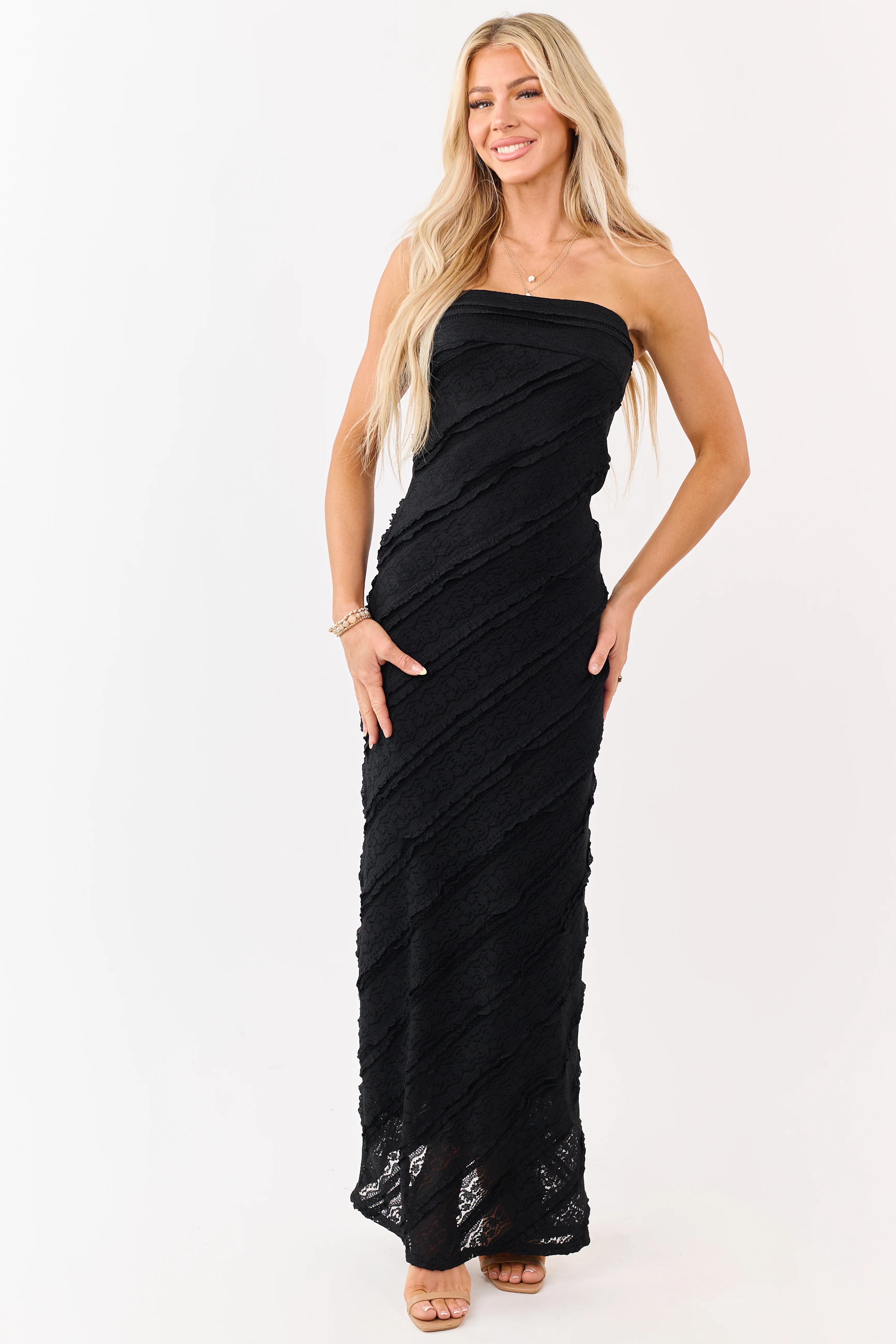 Black Strapless Tiered Ruffle Lace Maxi Dress - Image 3