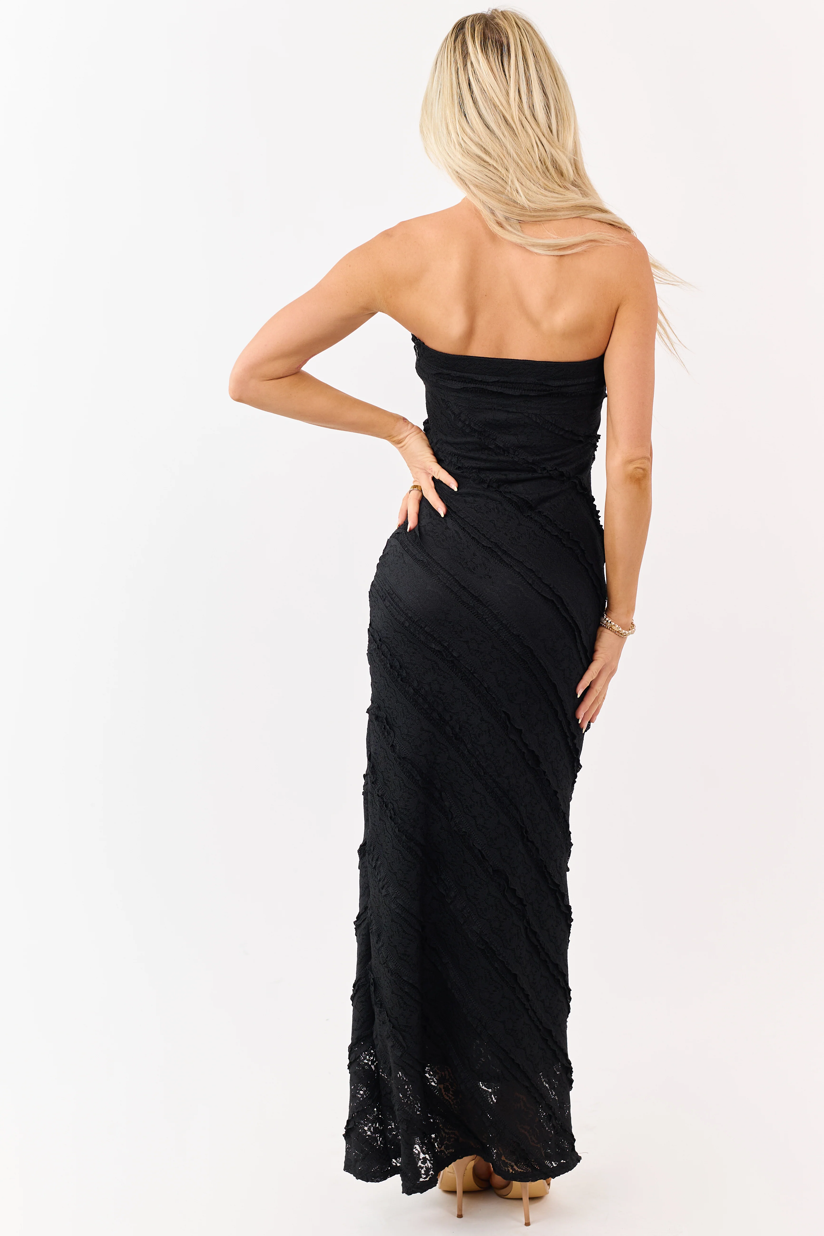 Black Strapless Tiered Ruffle Lace Maxi Dress - Image 5