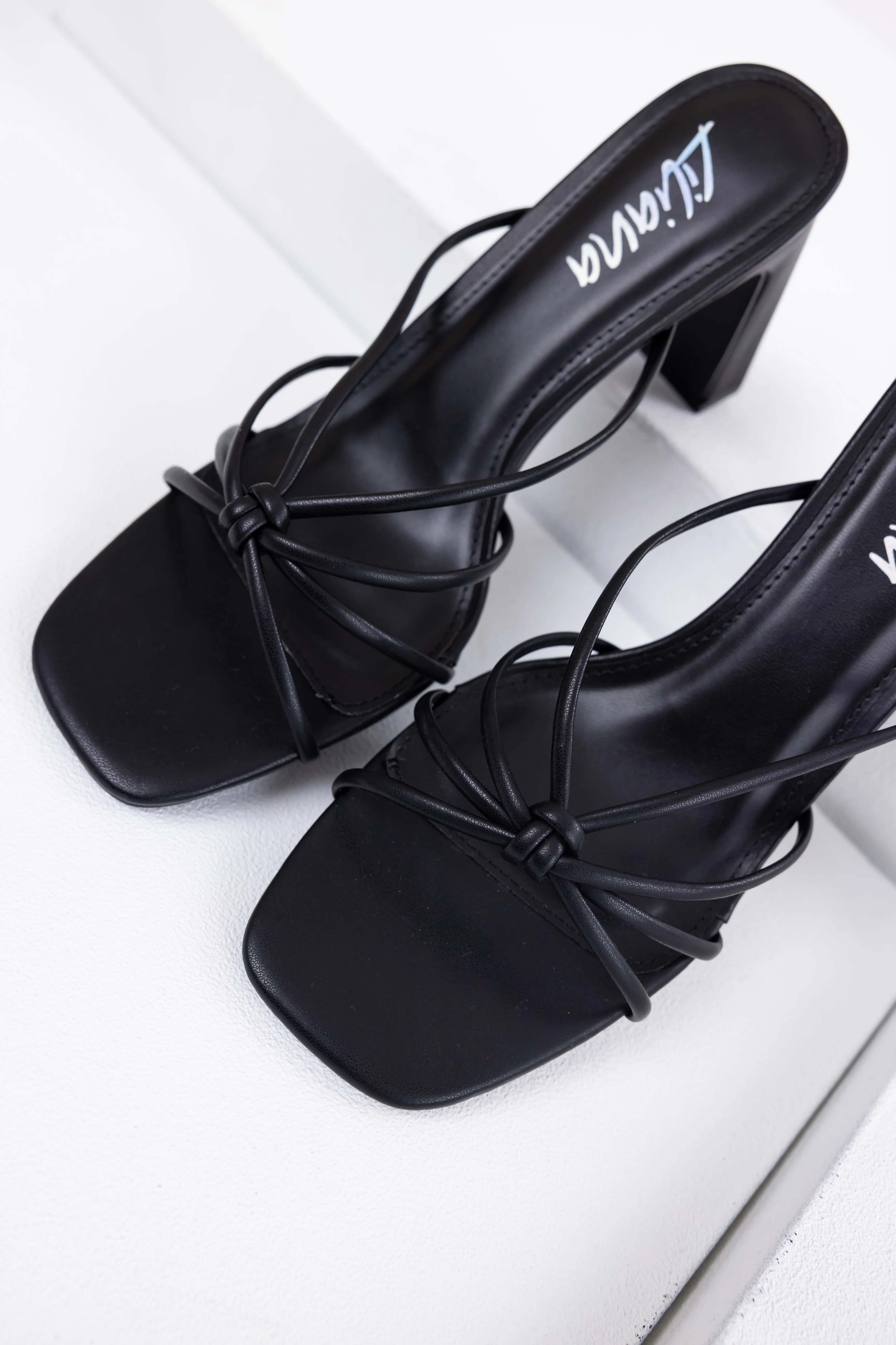 Black Strappy Knot Slip On Dress Heels - Image 2