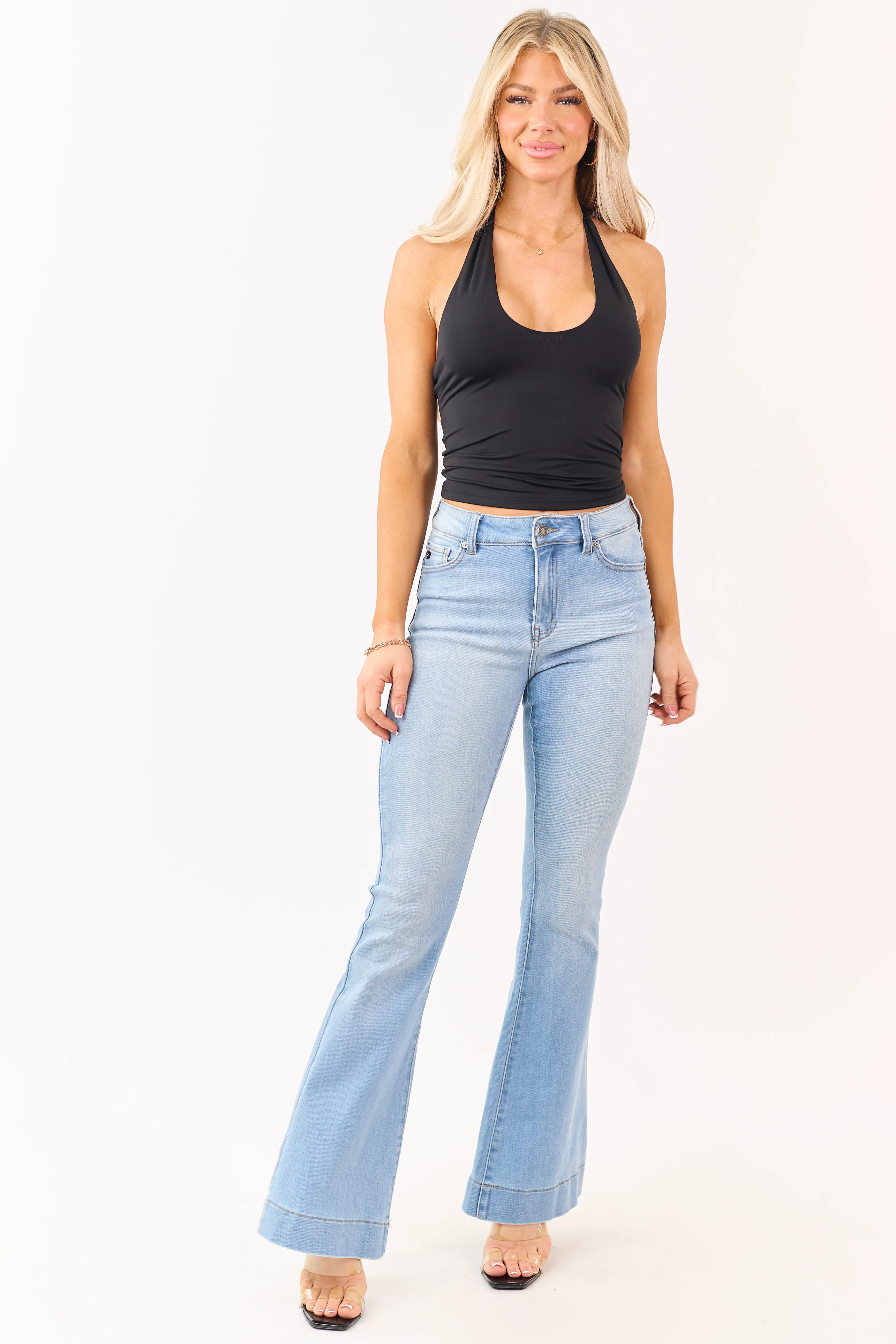 Black Stretchy Knit Cropped Halter Top - Image 2