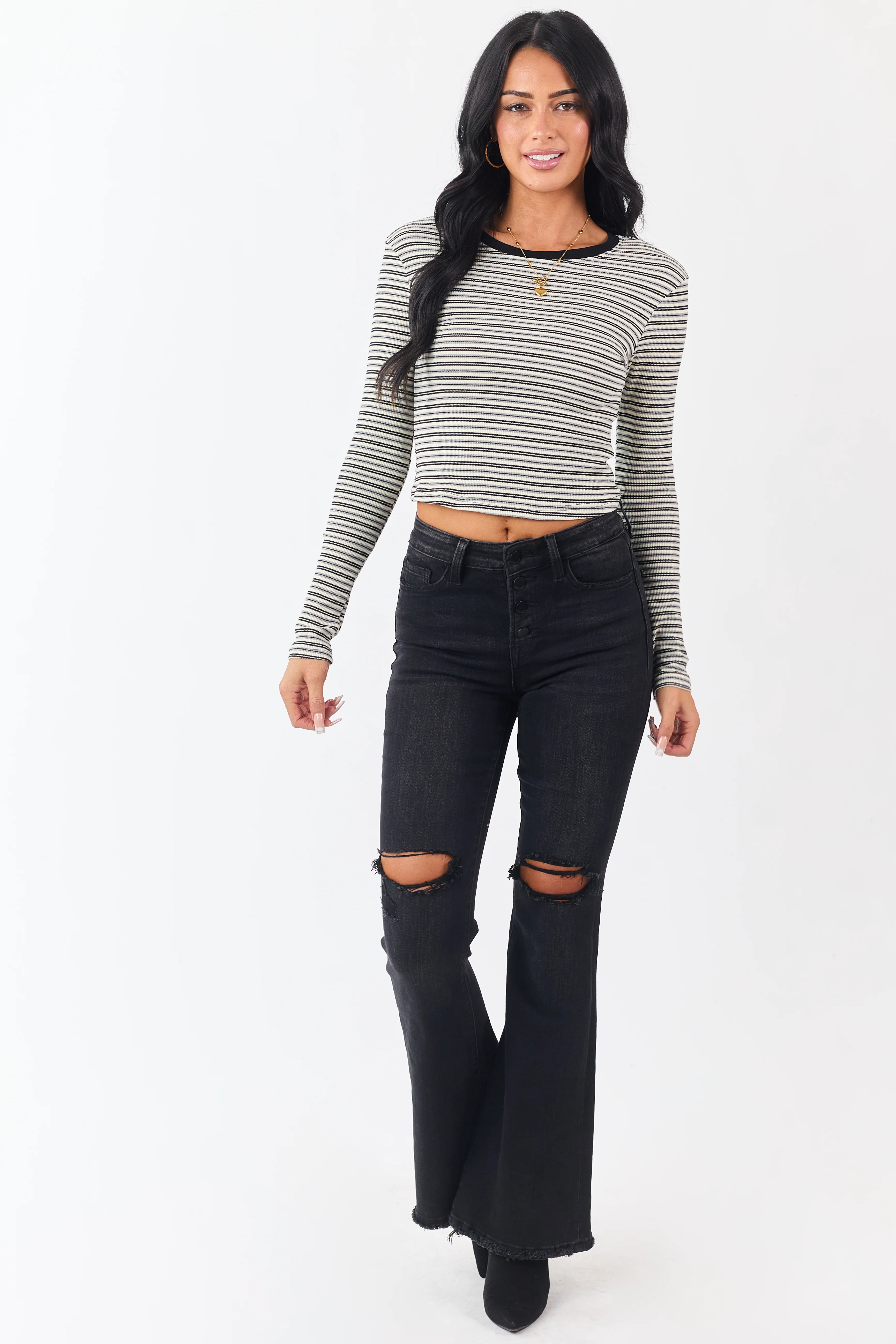 Black Striped Long Sleeve Ribbed Knit Crop Top - Image 3