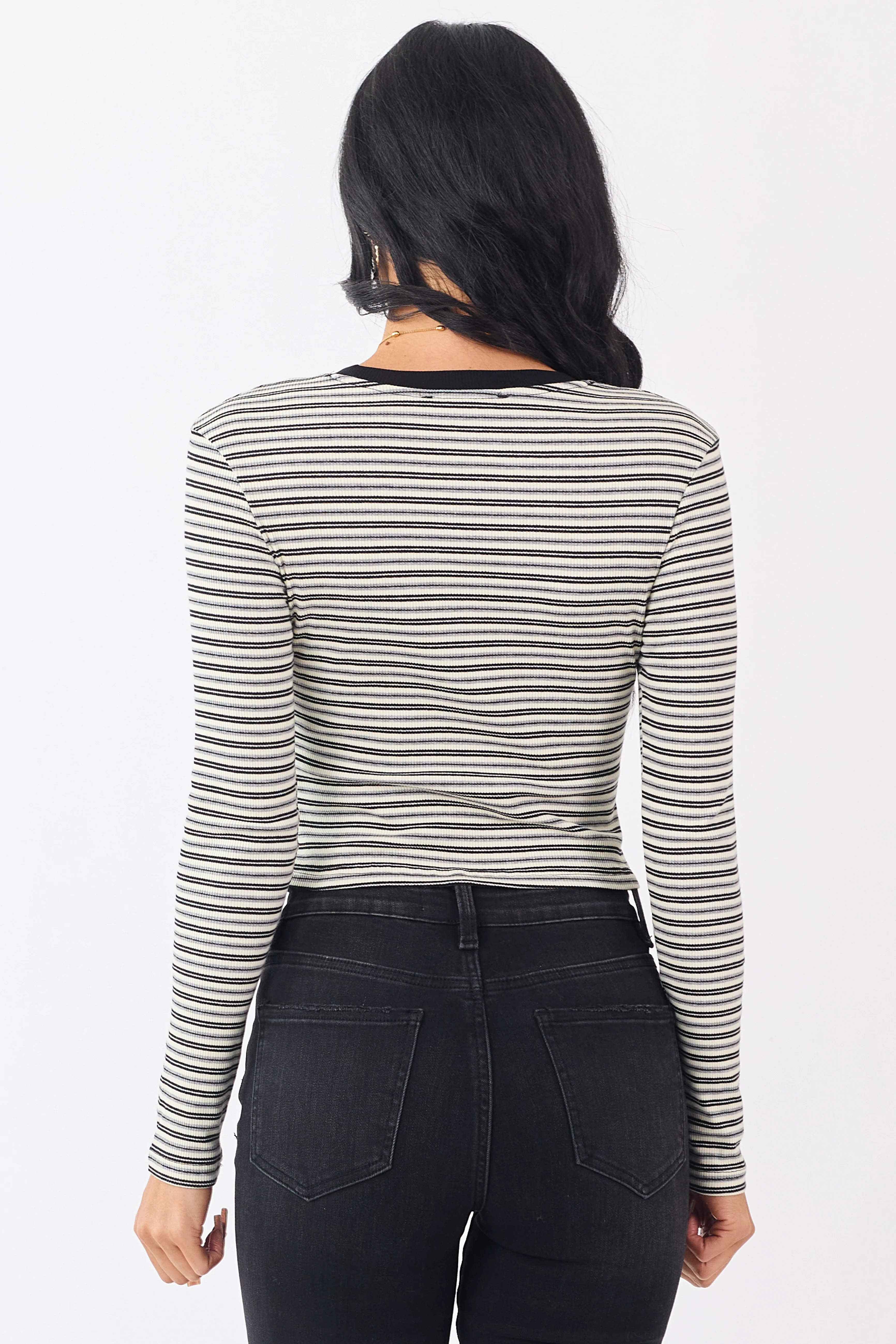 Black Striped Long Sleeve Ribbed Knit Crop Top - Image 5
