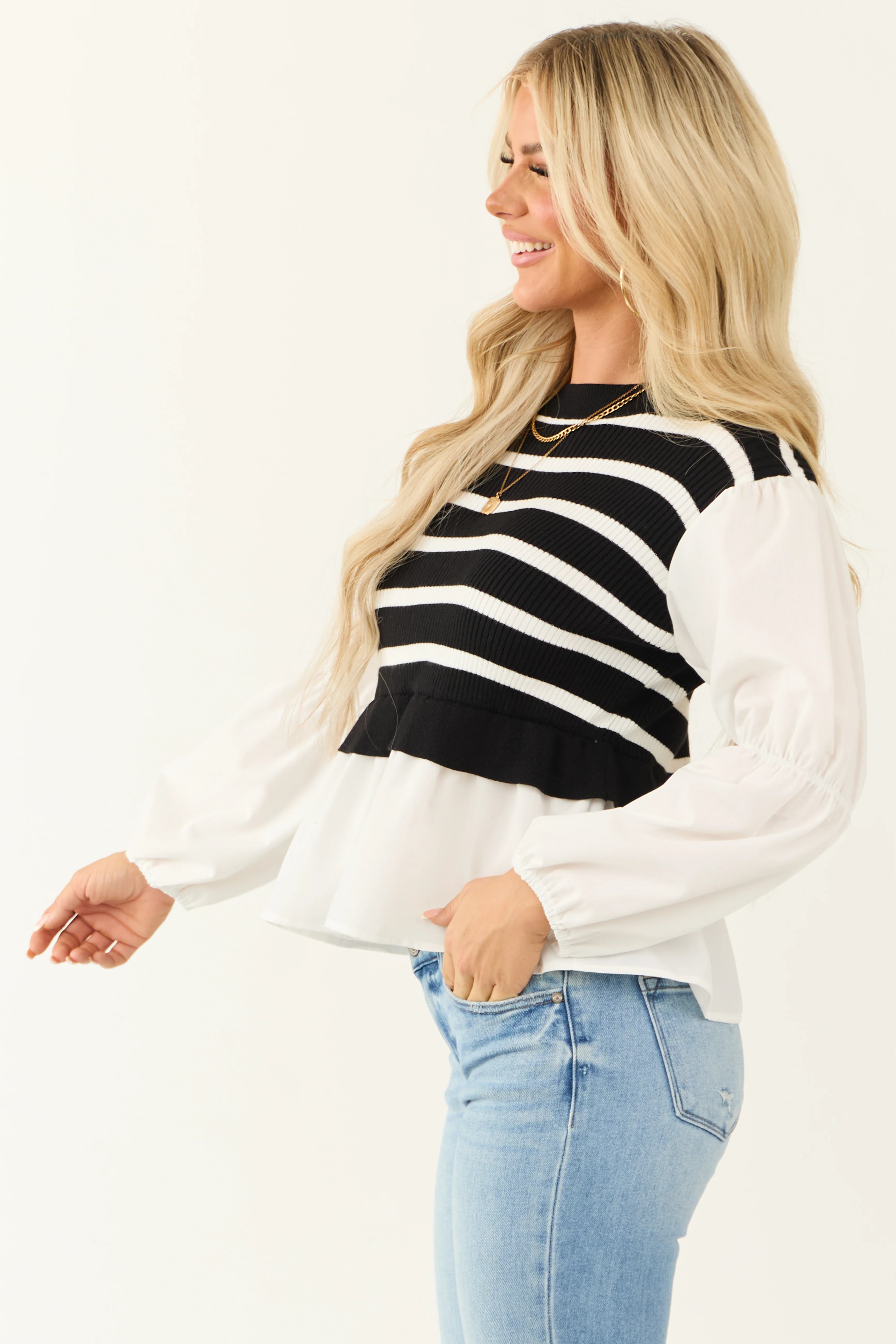Black Striped Sweater Vest with Long Sleeve Top - Image 4