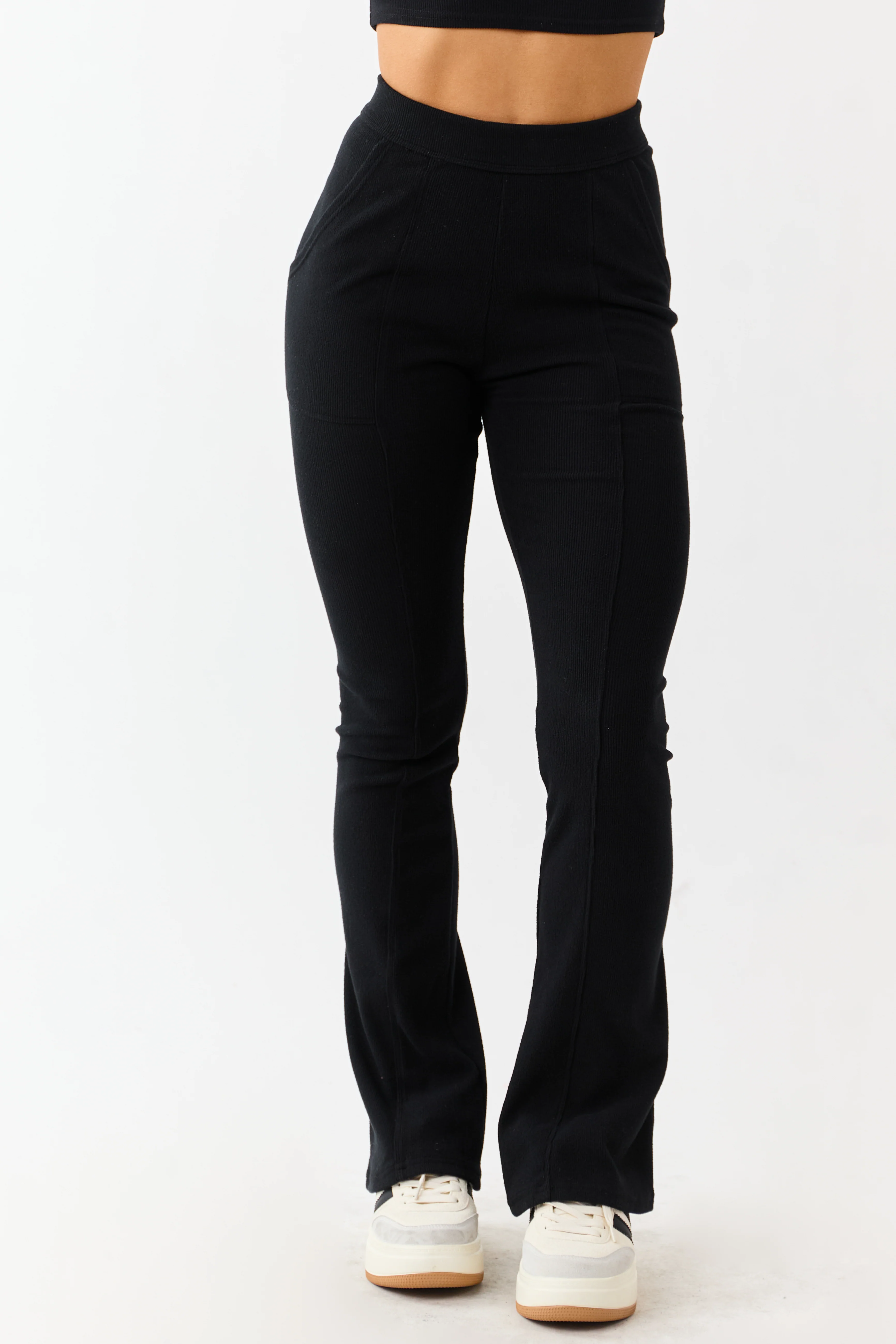 Black Textured Knit High Waist Flare Leggings - Image 2