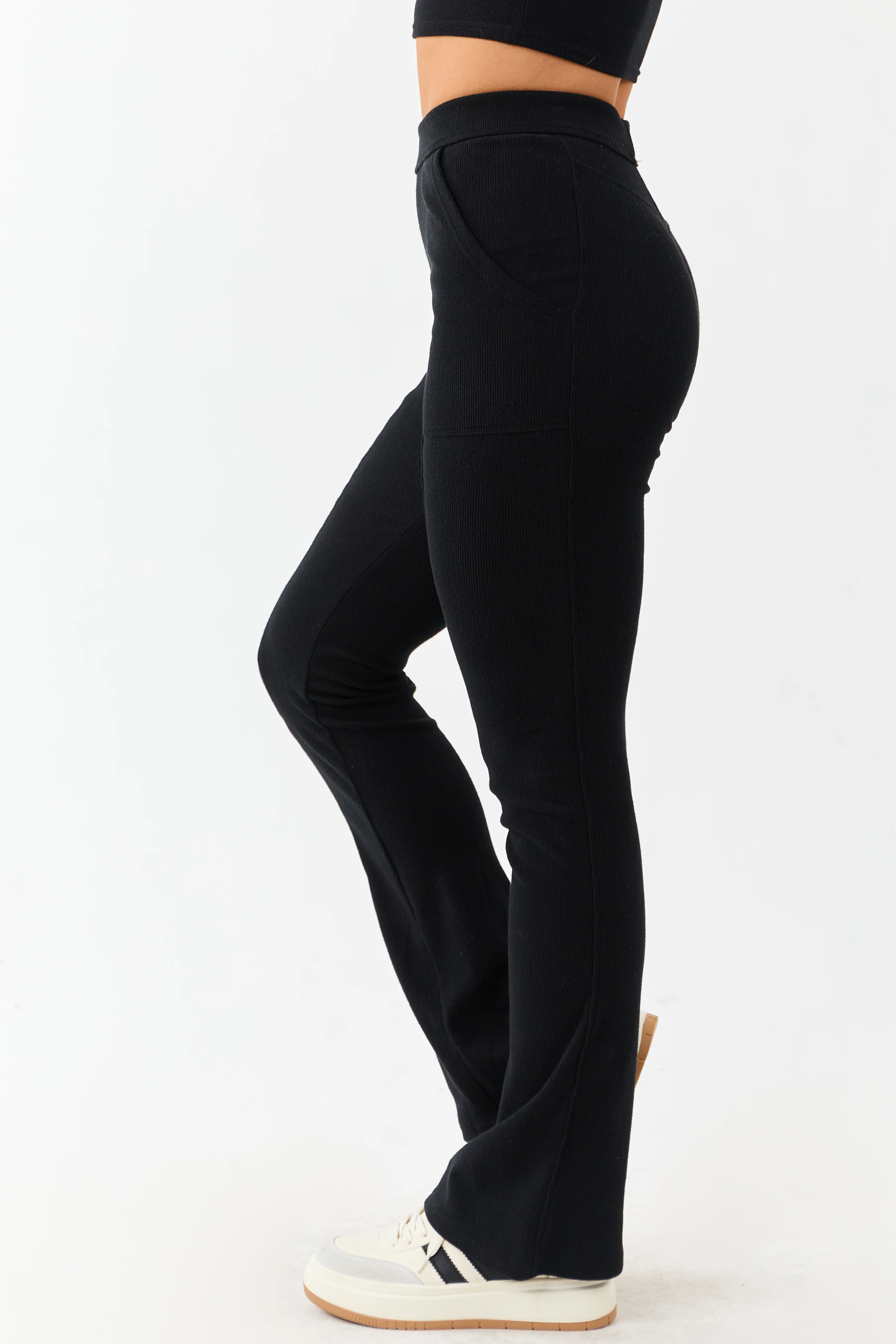 Black Textured Knit High Waist Flare Leggings - Image 3