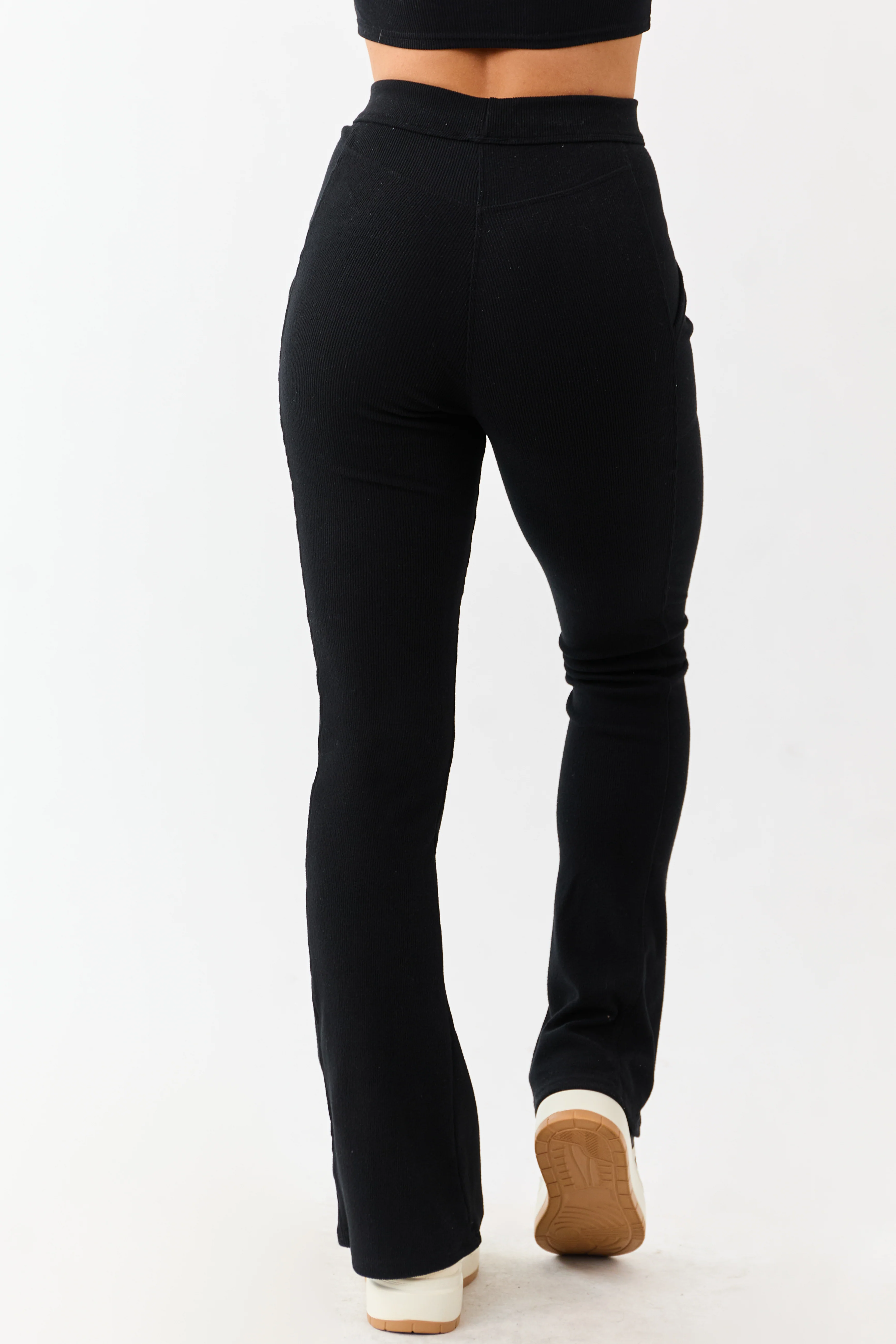 Black Textured Knit High Waist Flare Leggings - Image 4