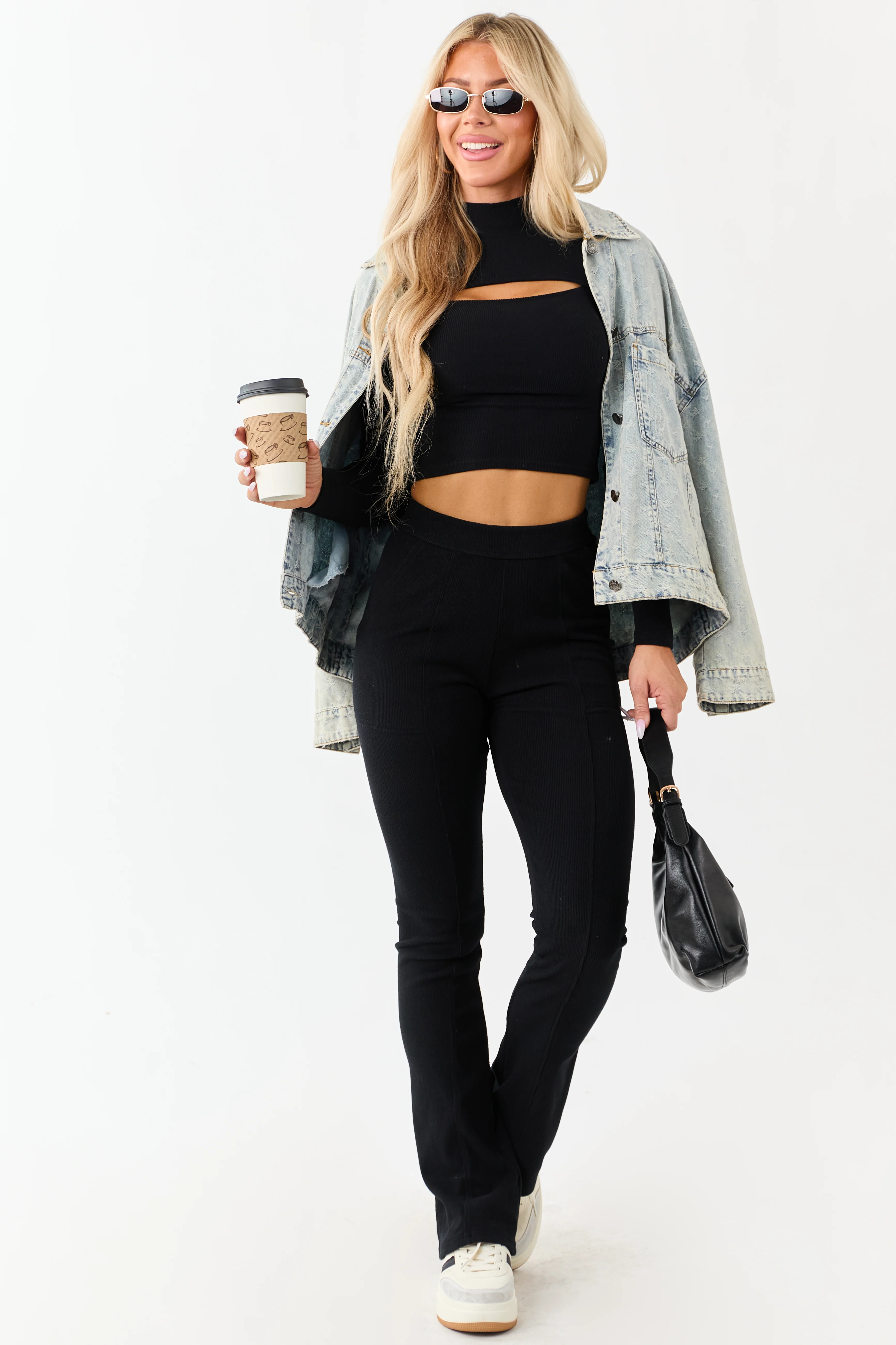 Black Textured Knit High Waist Flare Leggings - Image 6