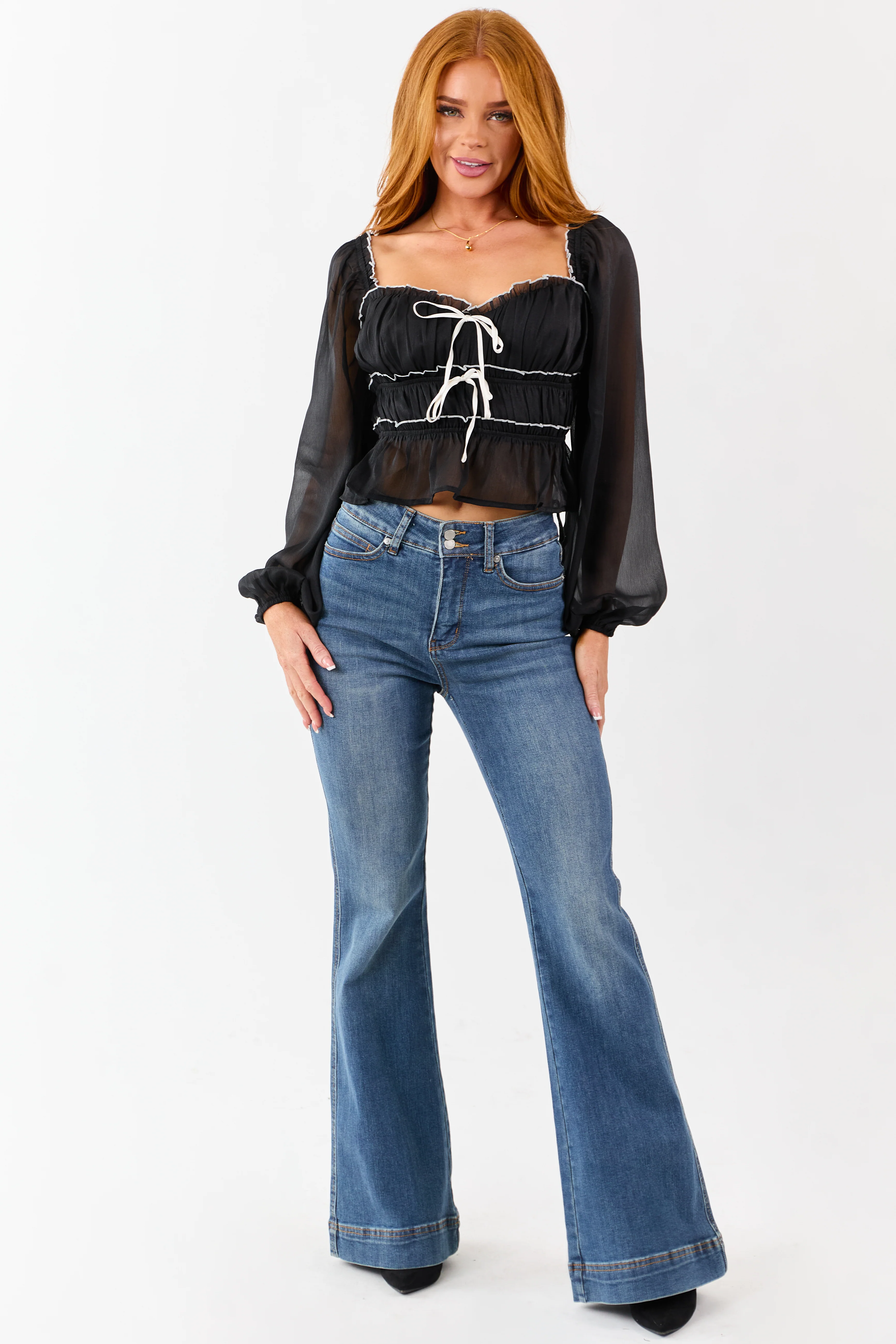 Black Tiered Bow Detail Lettuce Trim Long Sleeve Top - Image 2