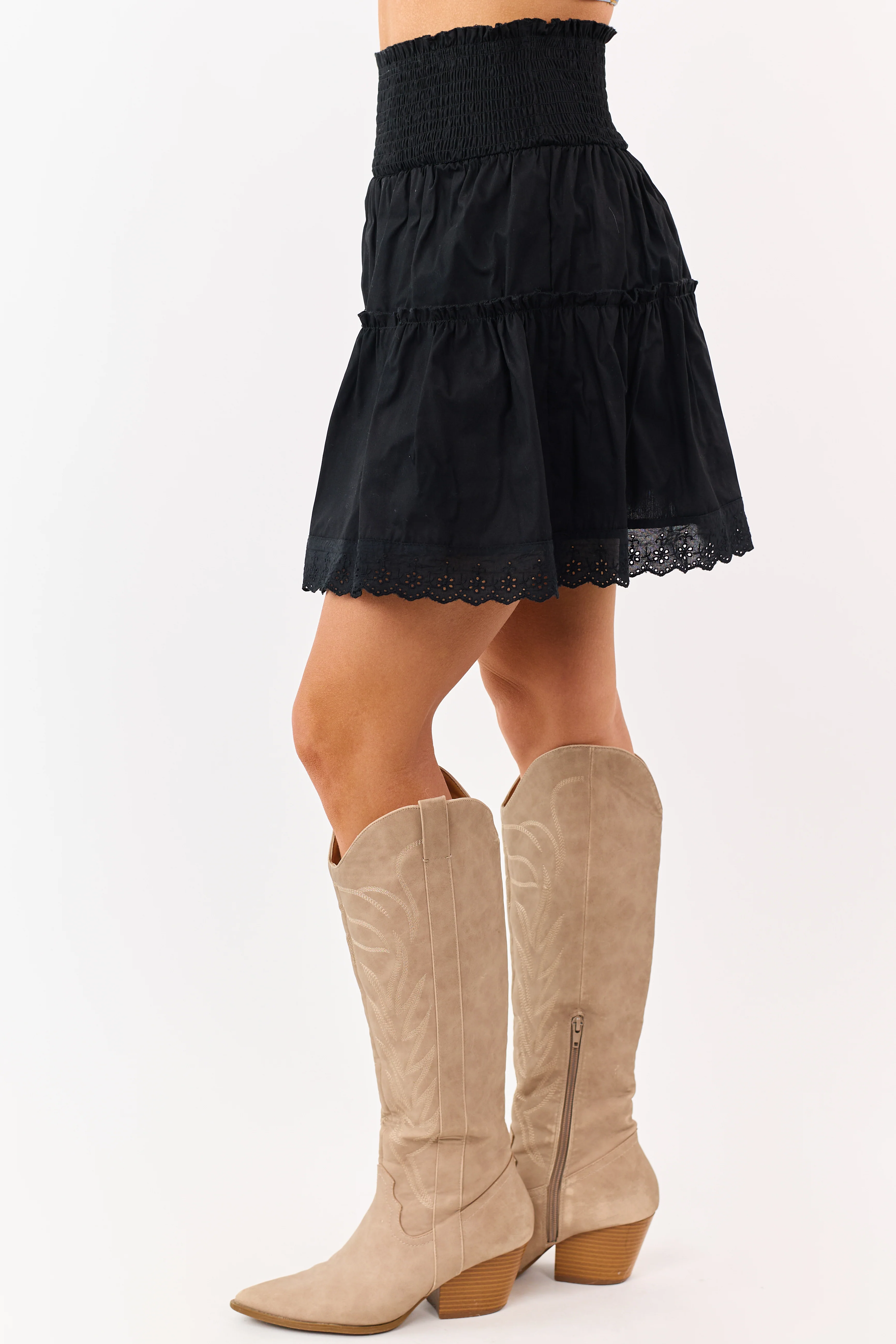 Black Tiered Cotton Lace Trim Smocked Mini Skirt - Image 3