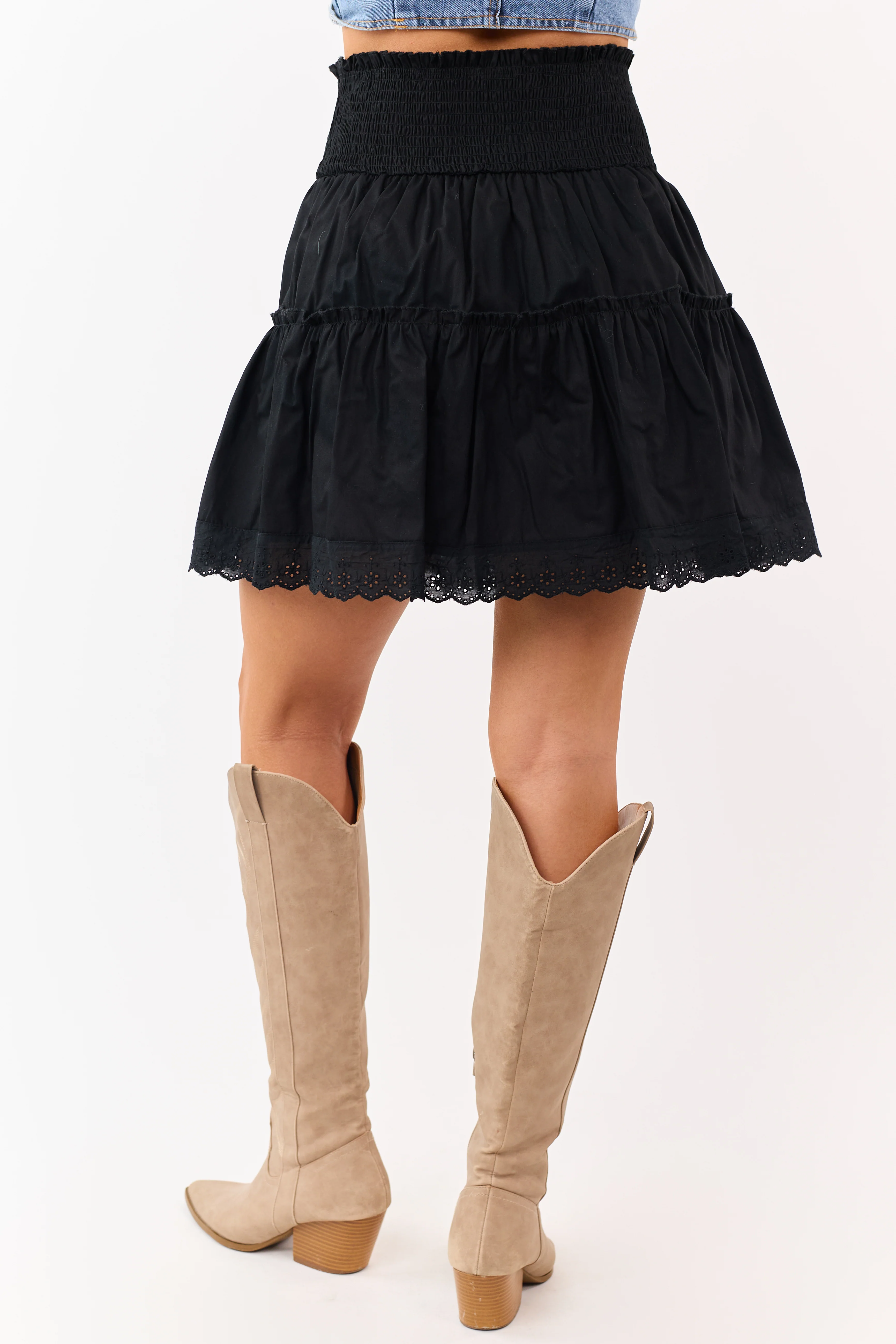Black Tiered Cotton Lace Trim Smocked Mini Skirt - Image 4