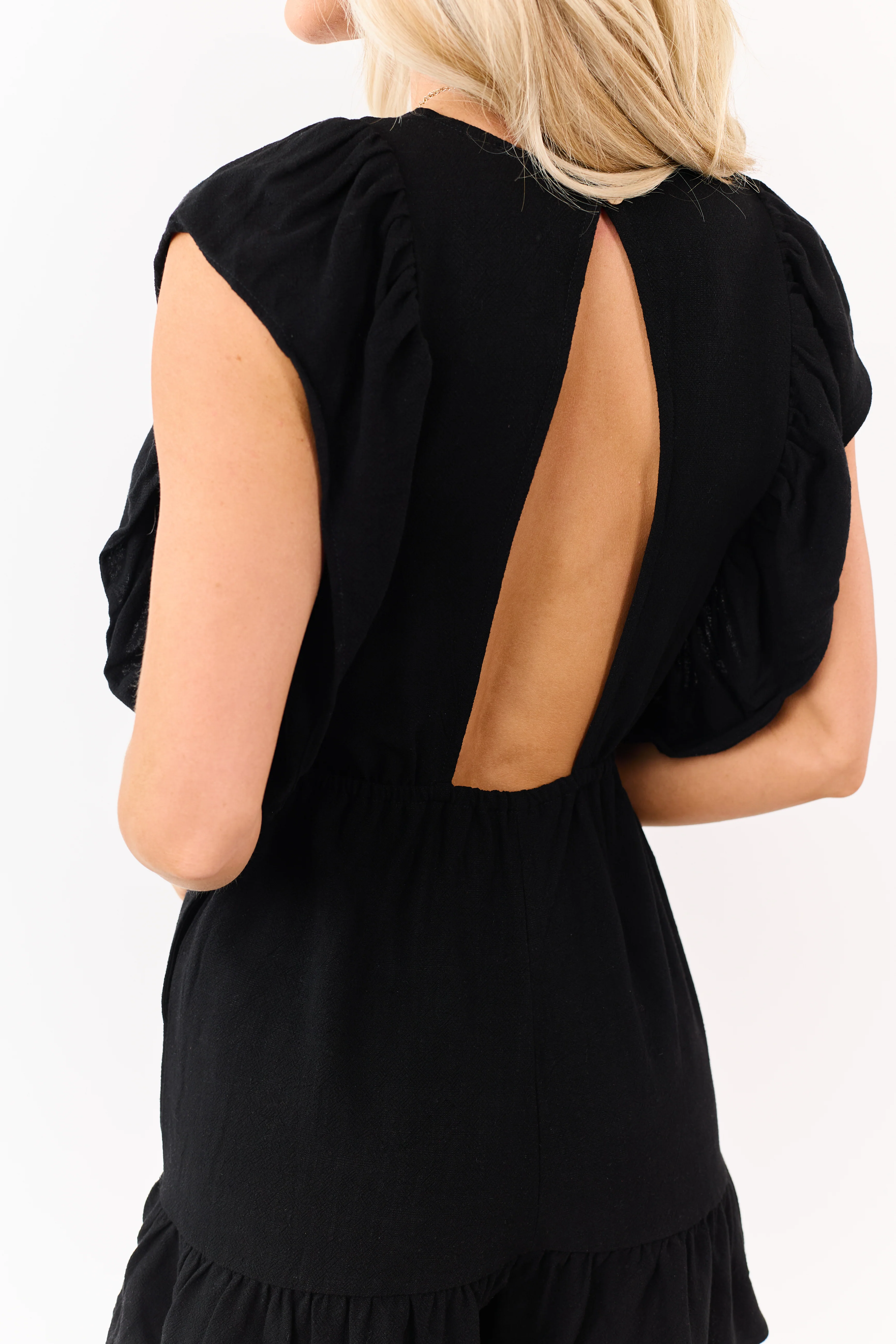 Black V-Neck Back Keyhole Linen Blend Romper - Image 6