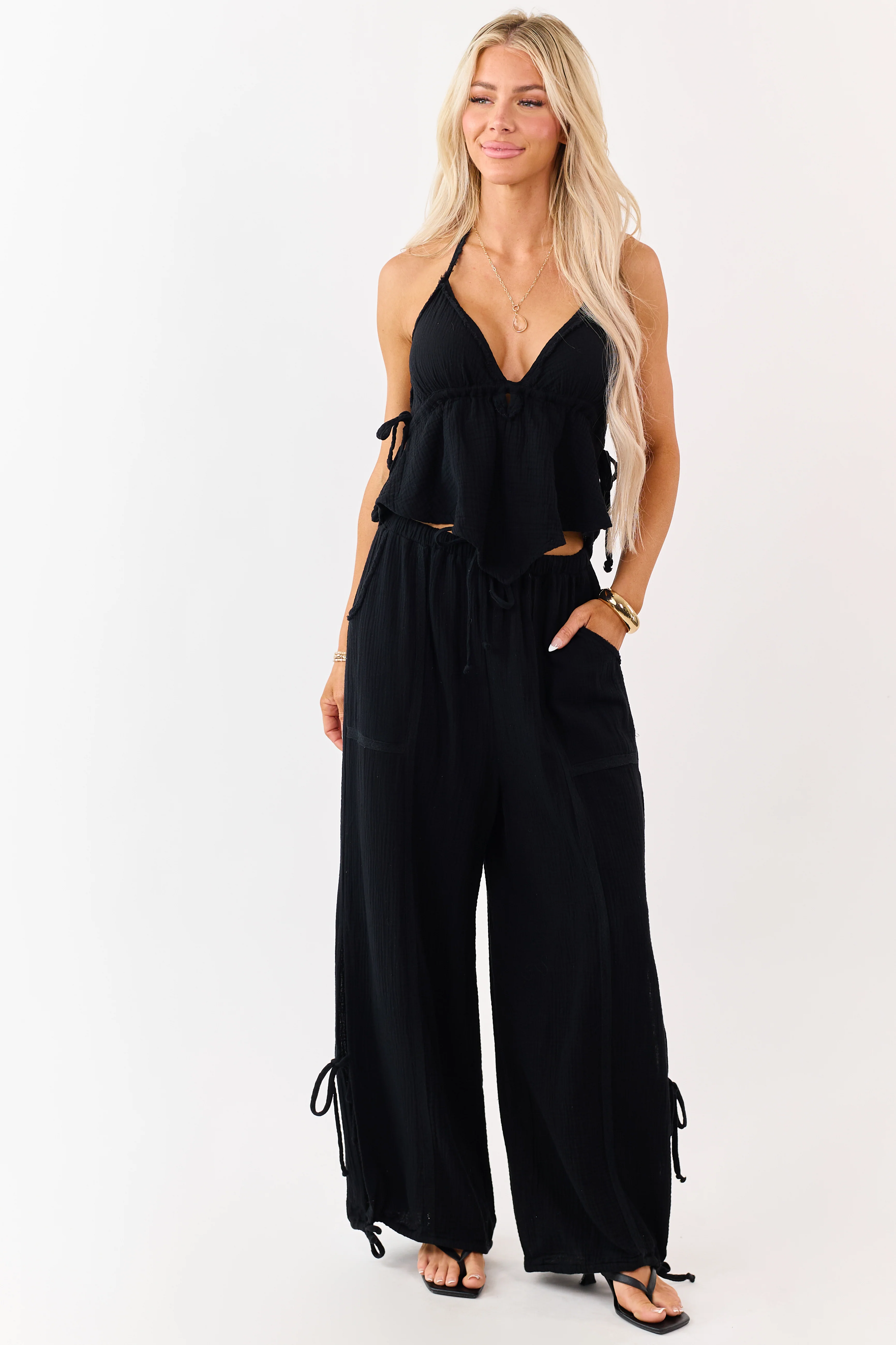 Black V Neck Cotton Gauze Halter Top - Image 2
