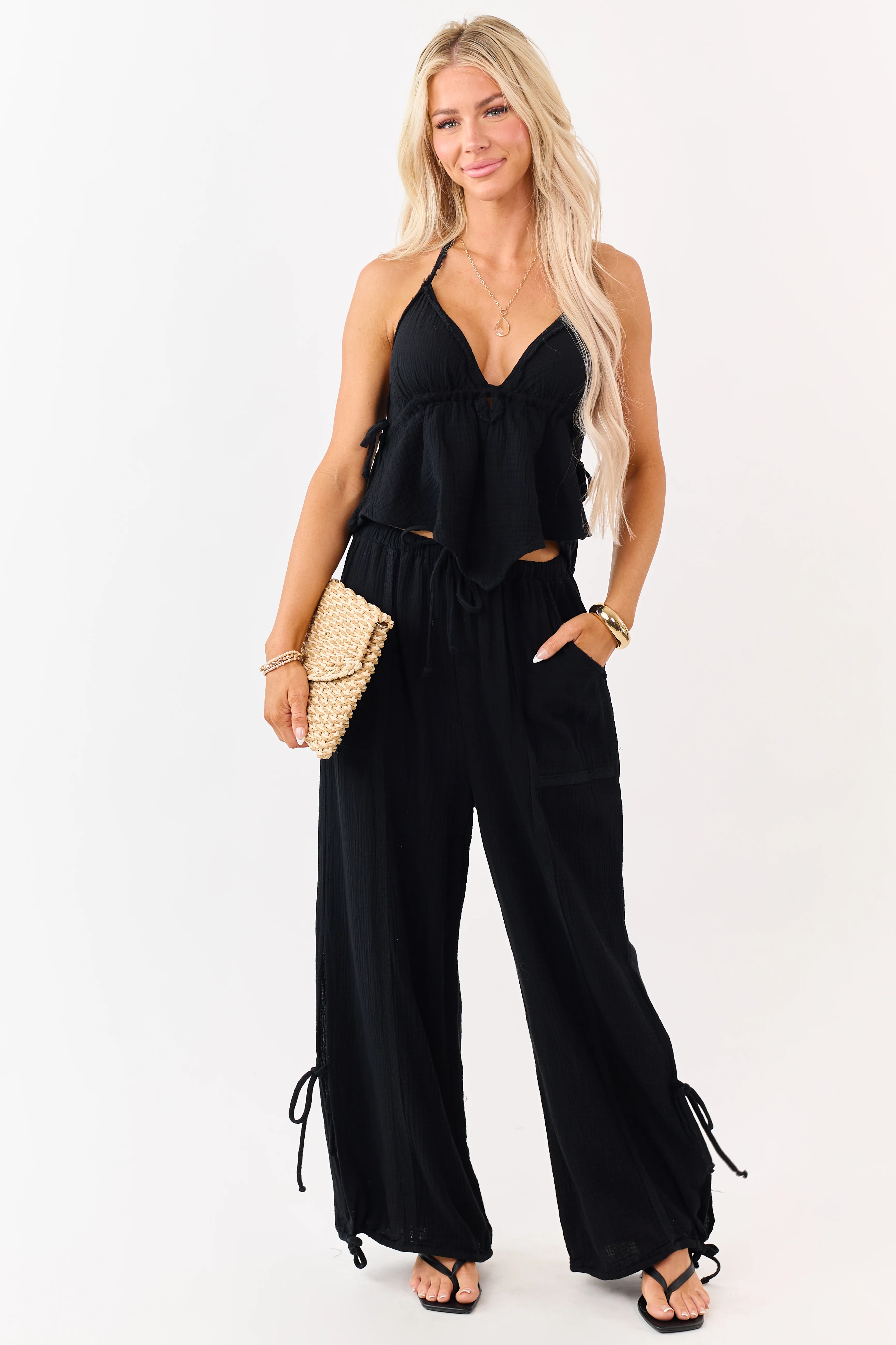 Black V Neck Cotton Gauze Halter Top - Image 3