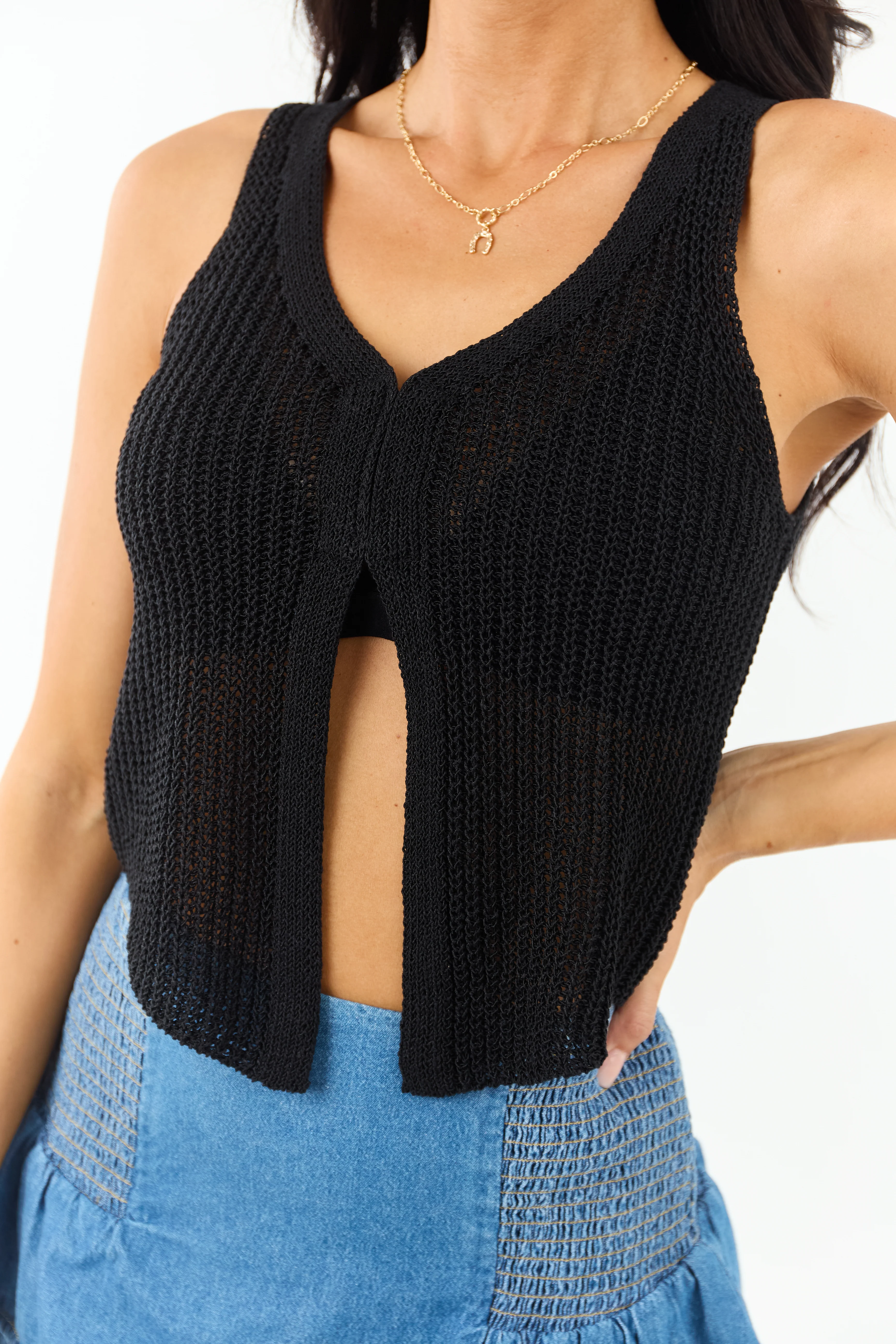 Black V Neck Cropped Rib Knit Vest - Image 9