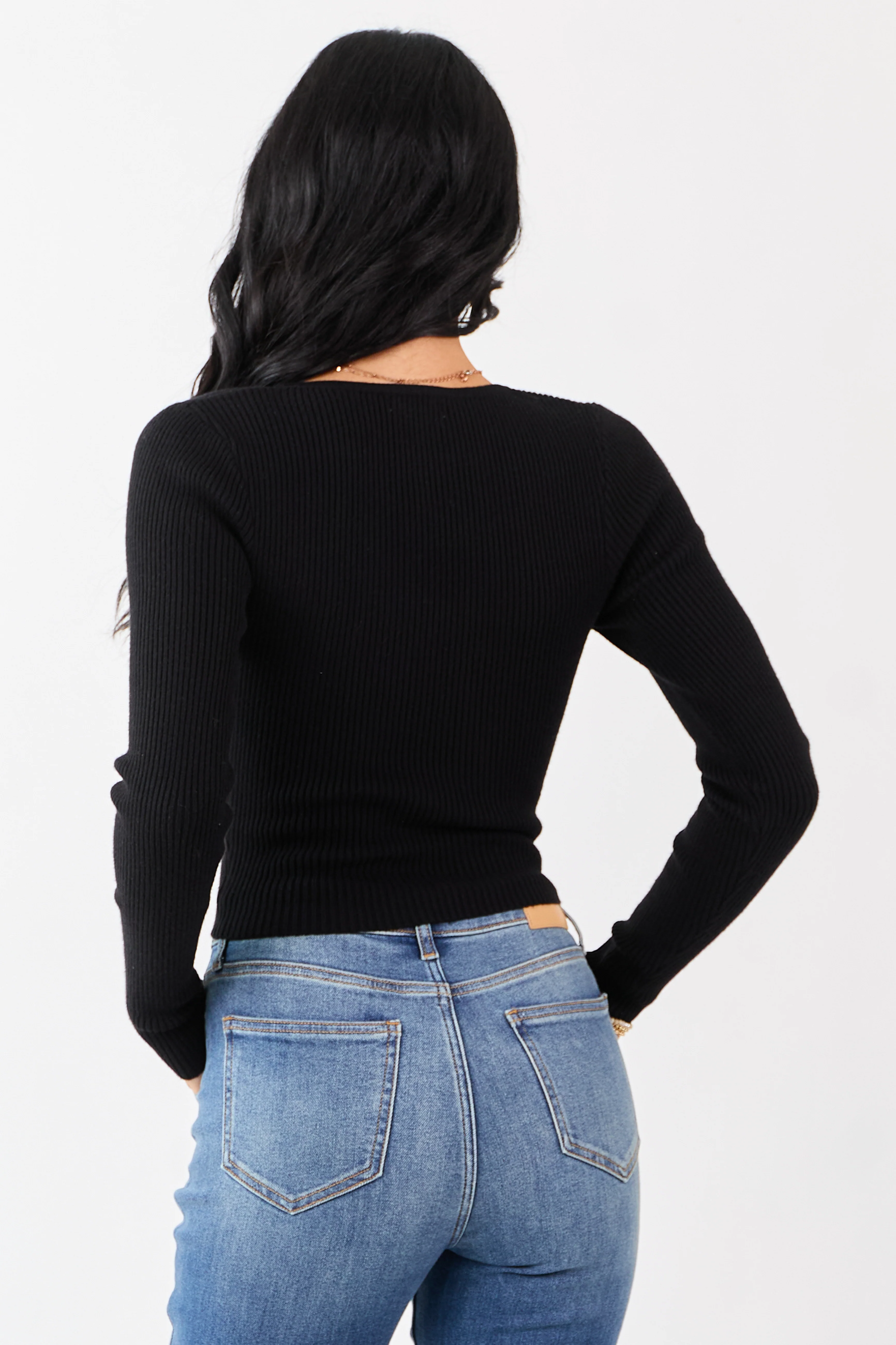 Black V Notch Rib Knit Fitted Cropped Sweater Top - Image 5