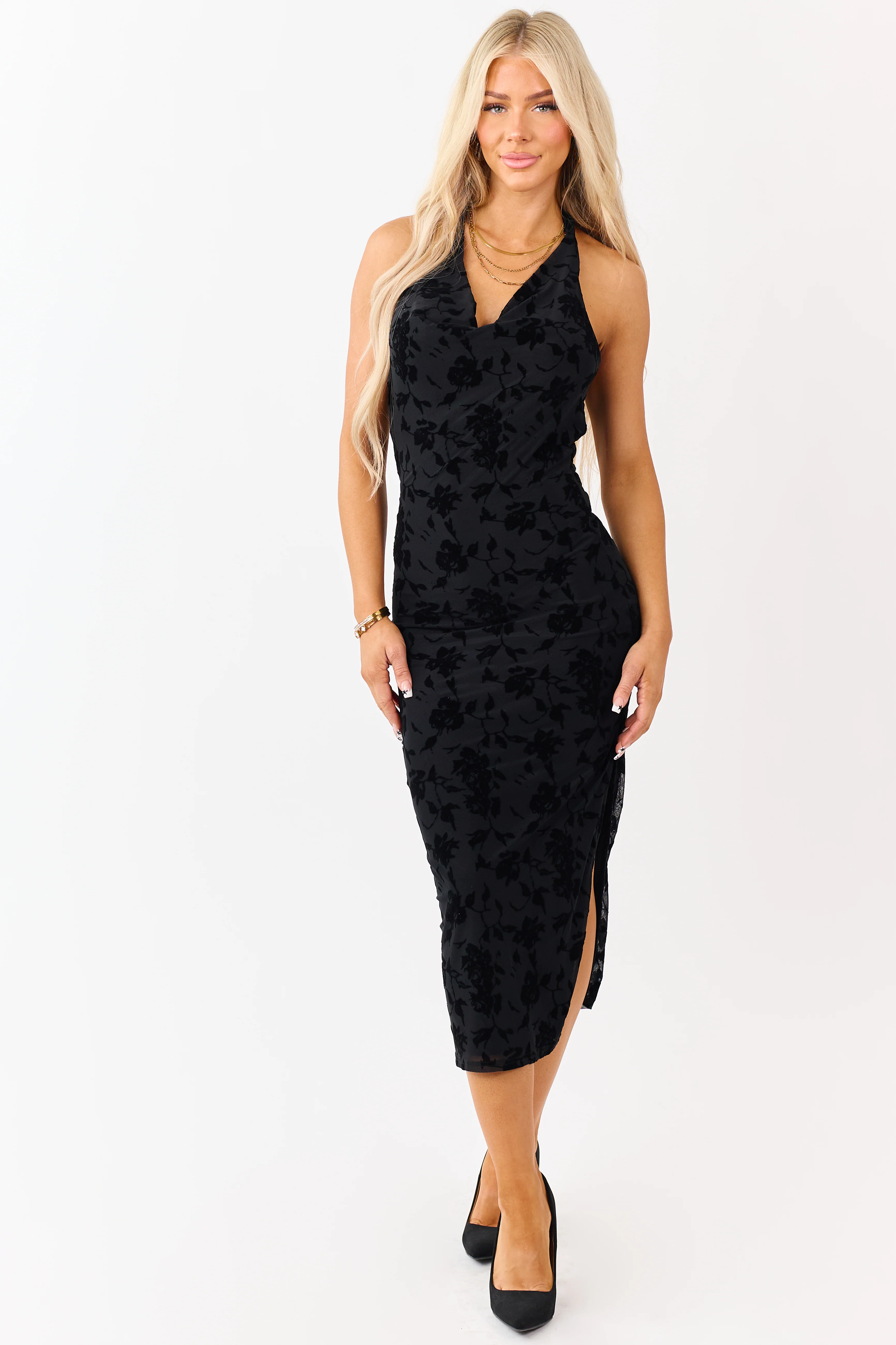 Black Velvet Burnout Halter Cowl Neck Midi Dress - Image 4
