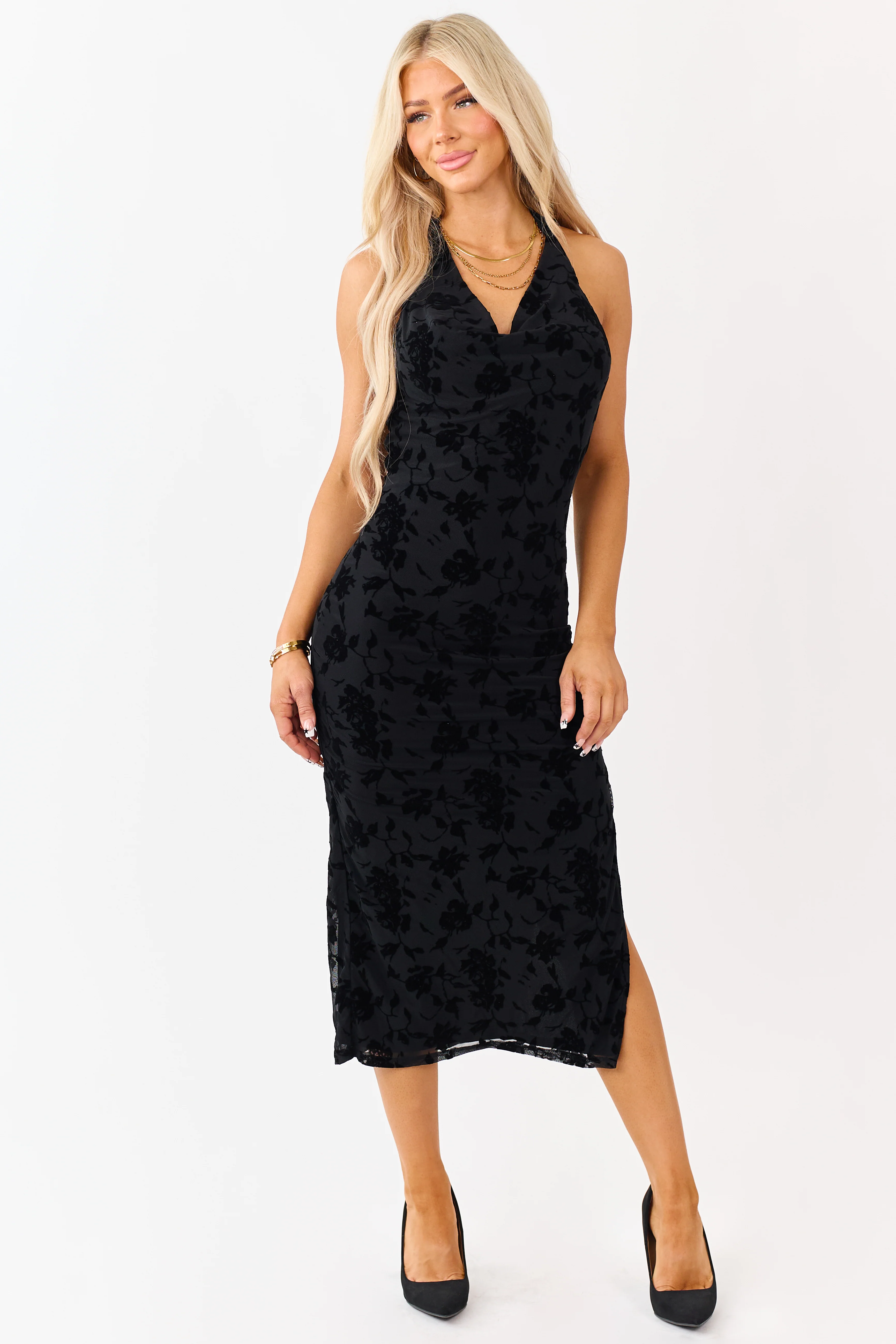 Black Velvet Burnout Halter Cowl Neck Midi Dress - Image 5