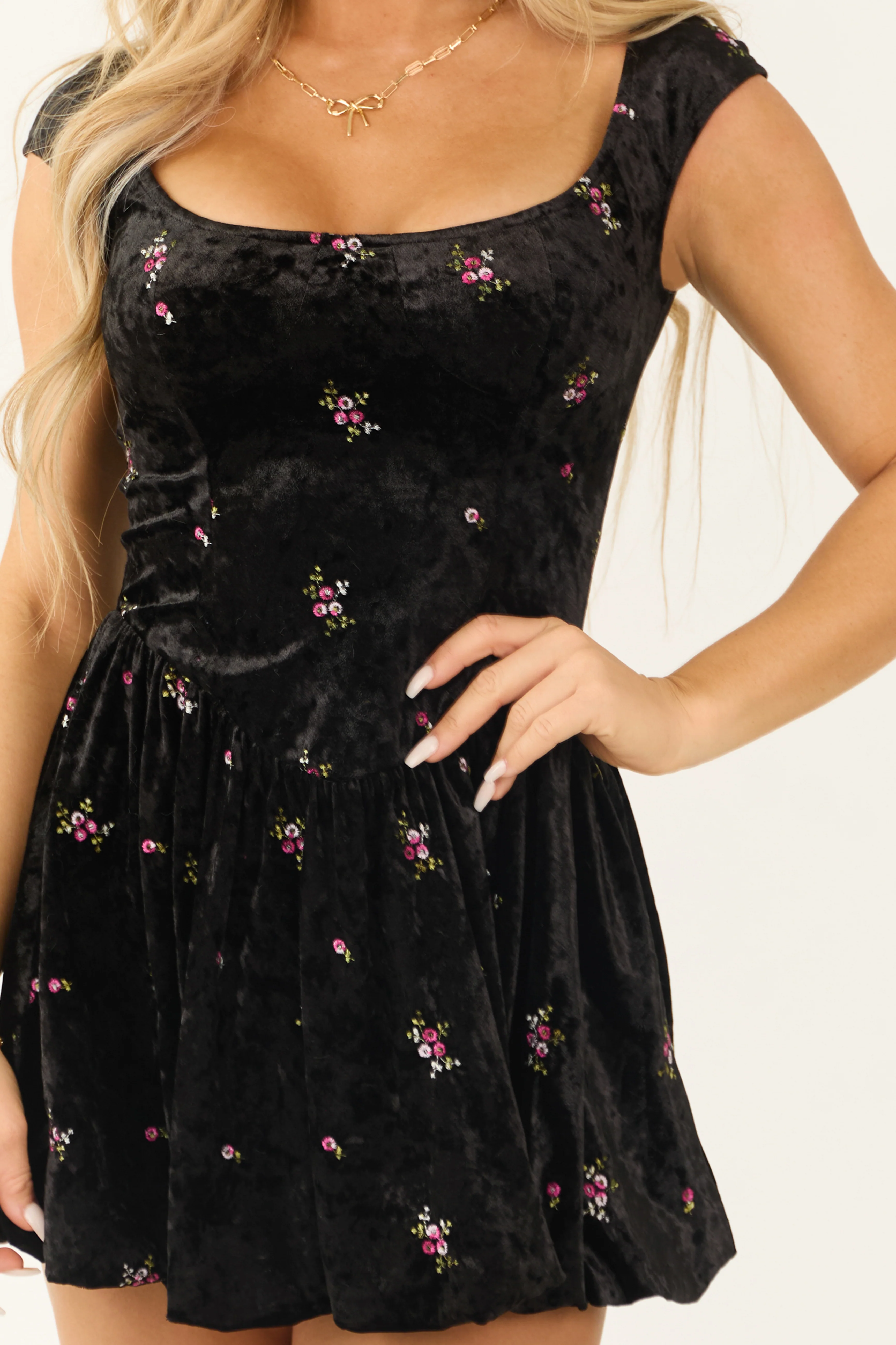 Black Velvet Floral Embroidery Mini Dress - Image 7