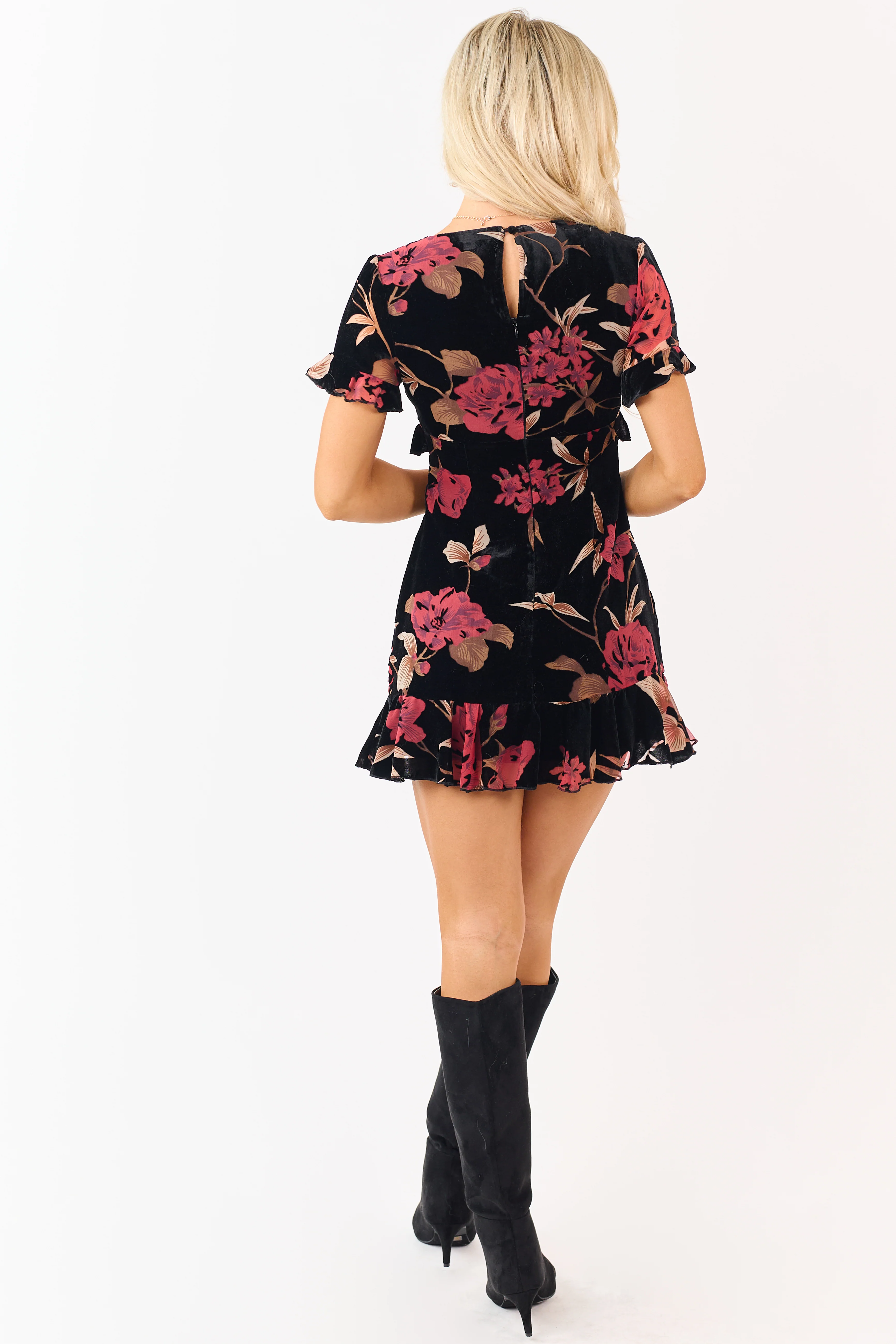 Black Velvet Floral Front Bow Detail Mini Dress - Image 6